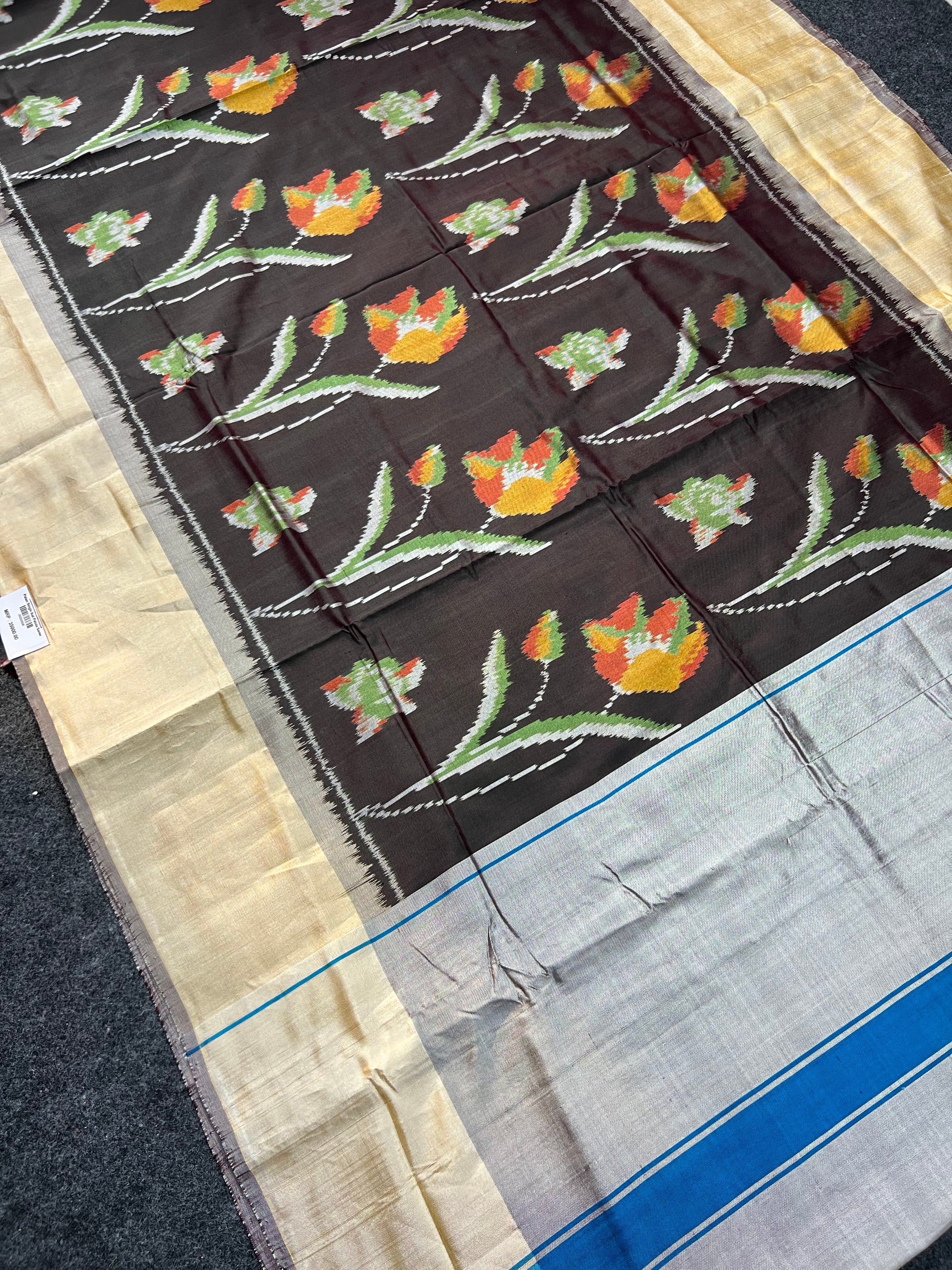 Brown Flower Design Handwoven Patola Silk Saree