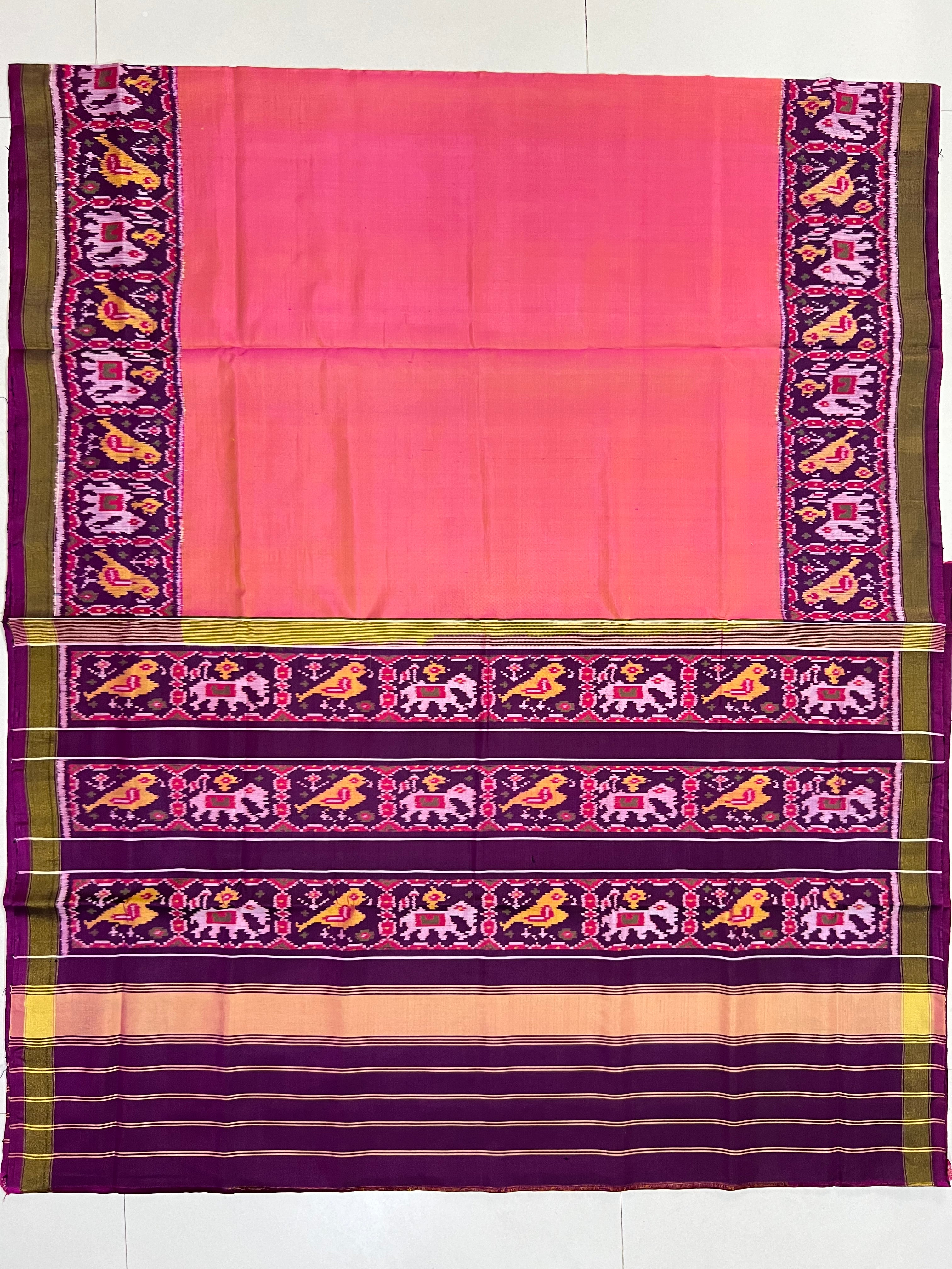 Pink With Wine color Shaded Gala Border Handwoven Patola Silk Saree Secondary image