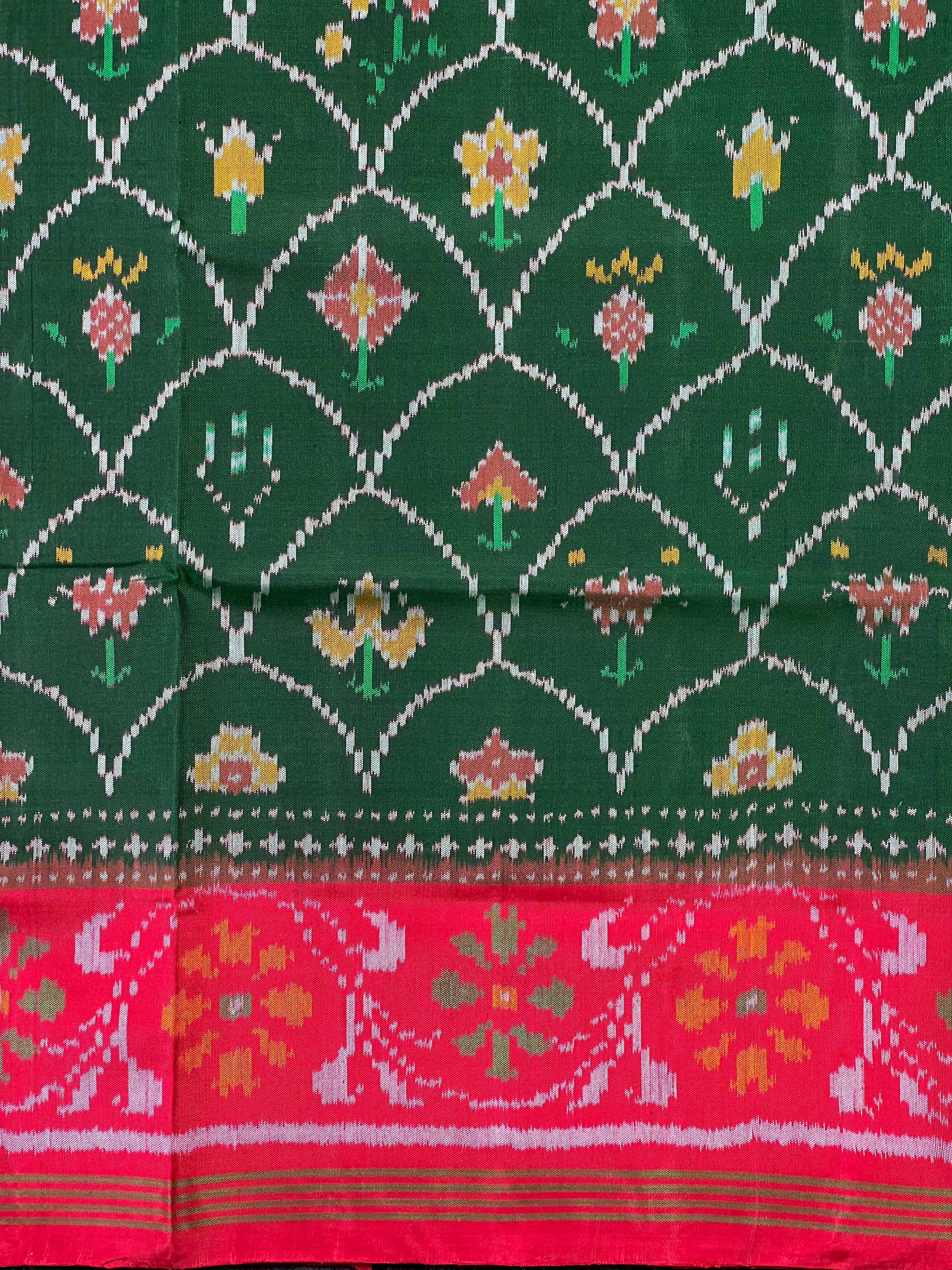 Red-Green Fancy Design Handwoven Patola Silk Saree