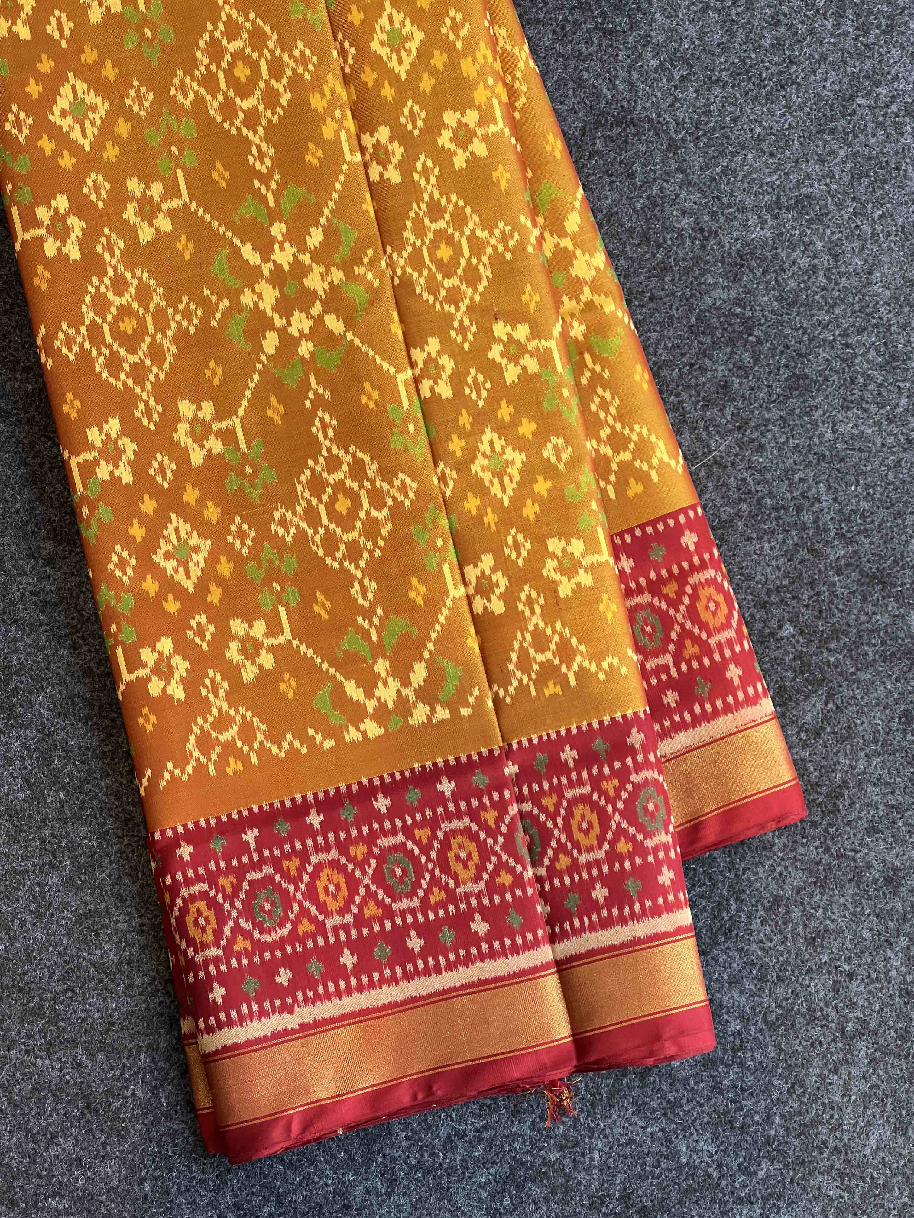 Handwoven Patola Silk Saree Navratna mustard & red