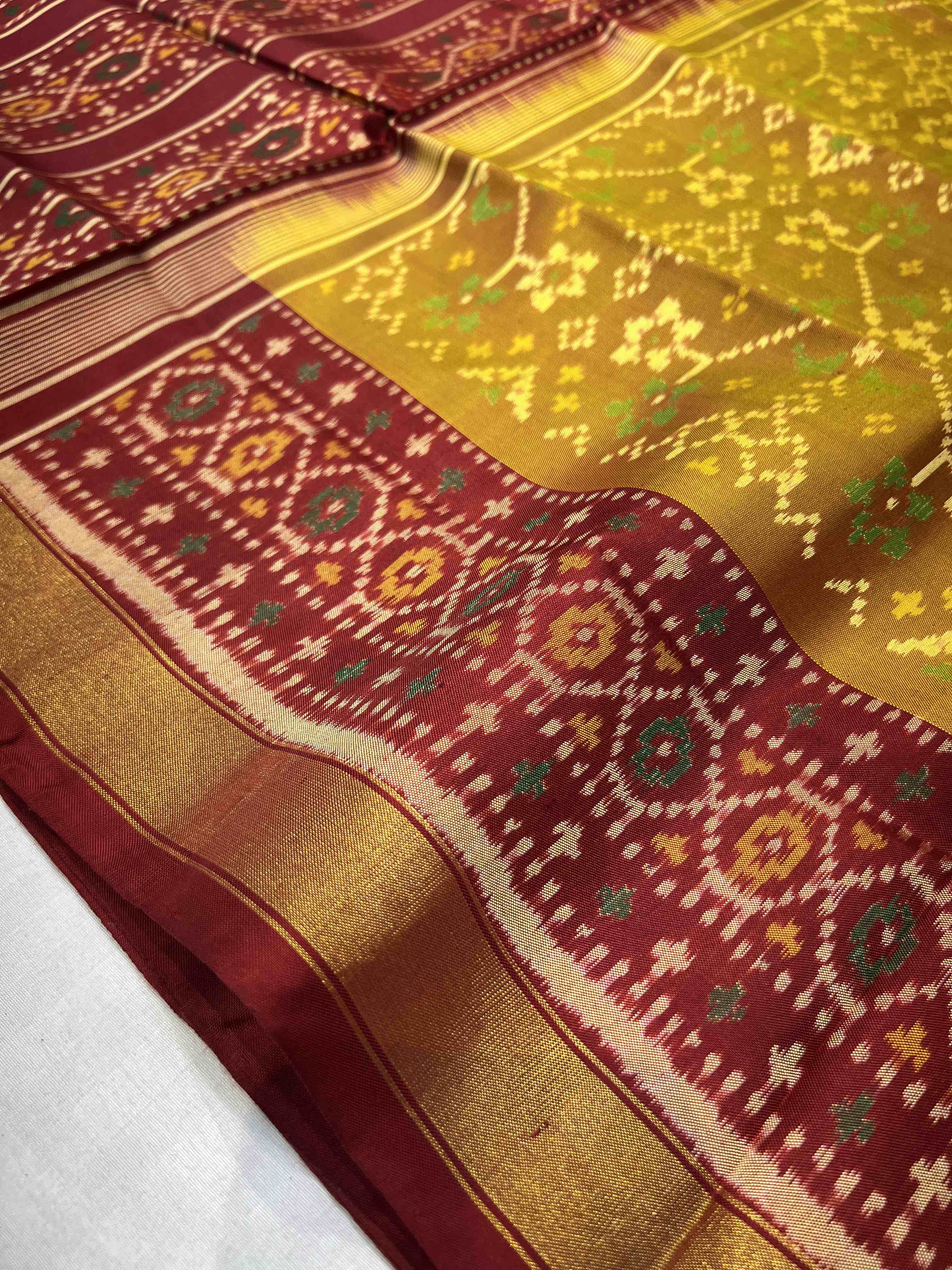 Handwoven Patola Silk Saree Navratna mustard & red Secondary image