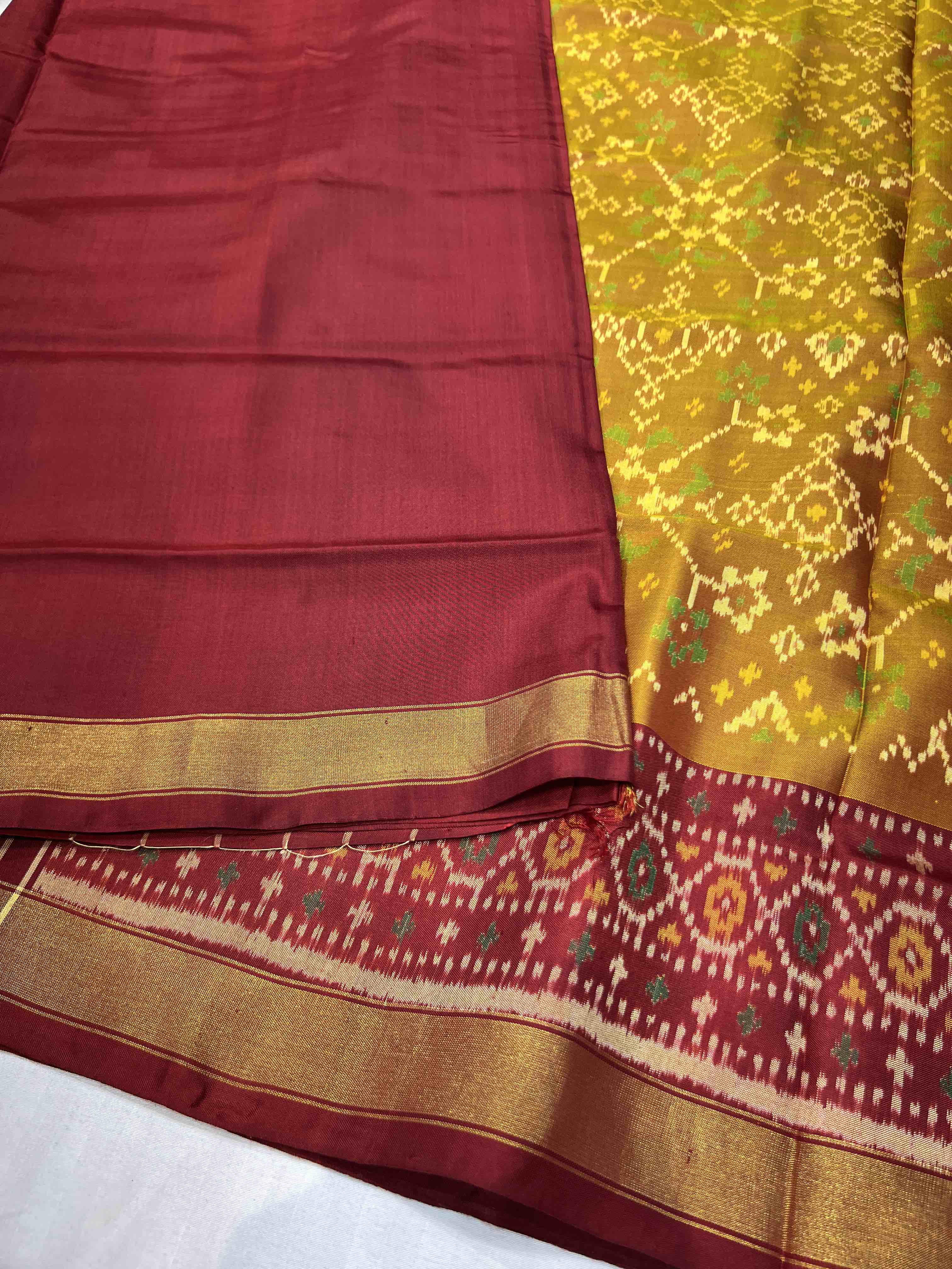 Handwoven Patola Silk Saree Navratna mustard & red