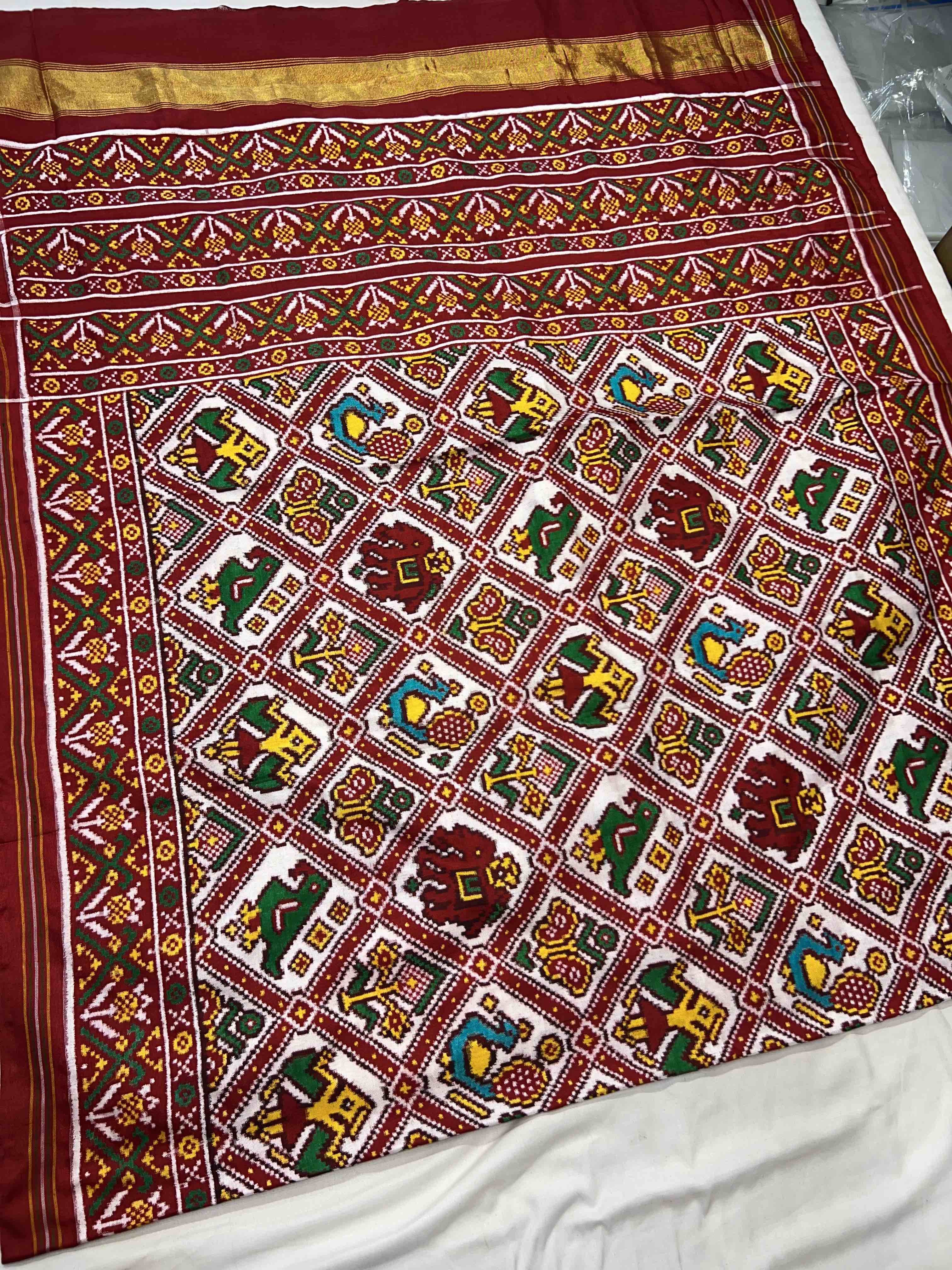 Handwoven Double Ikat Patola Silk Saree Adtala White Secondary image