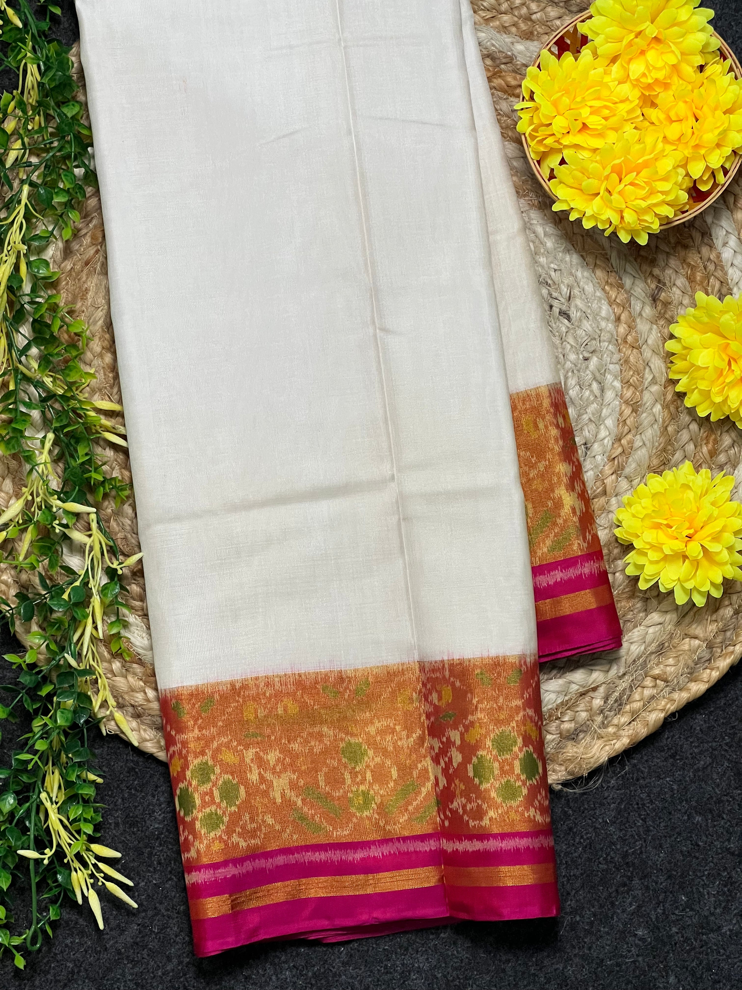White Gala Border Handwoven Patola Silk Saree Main image