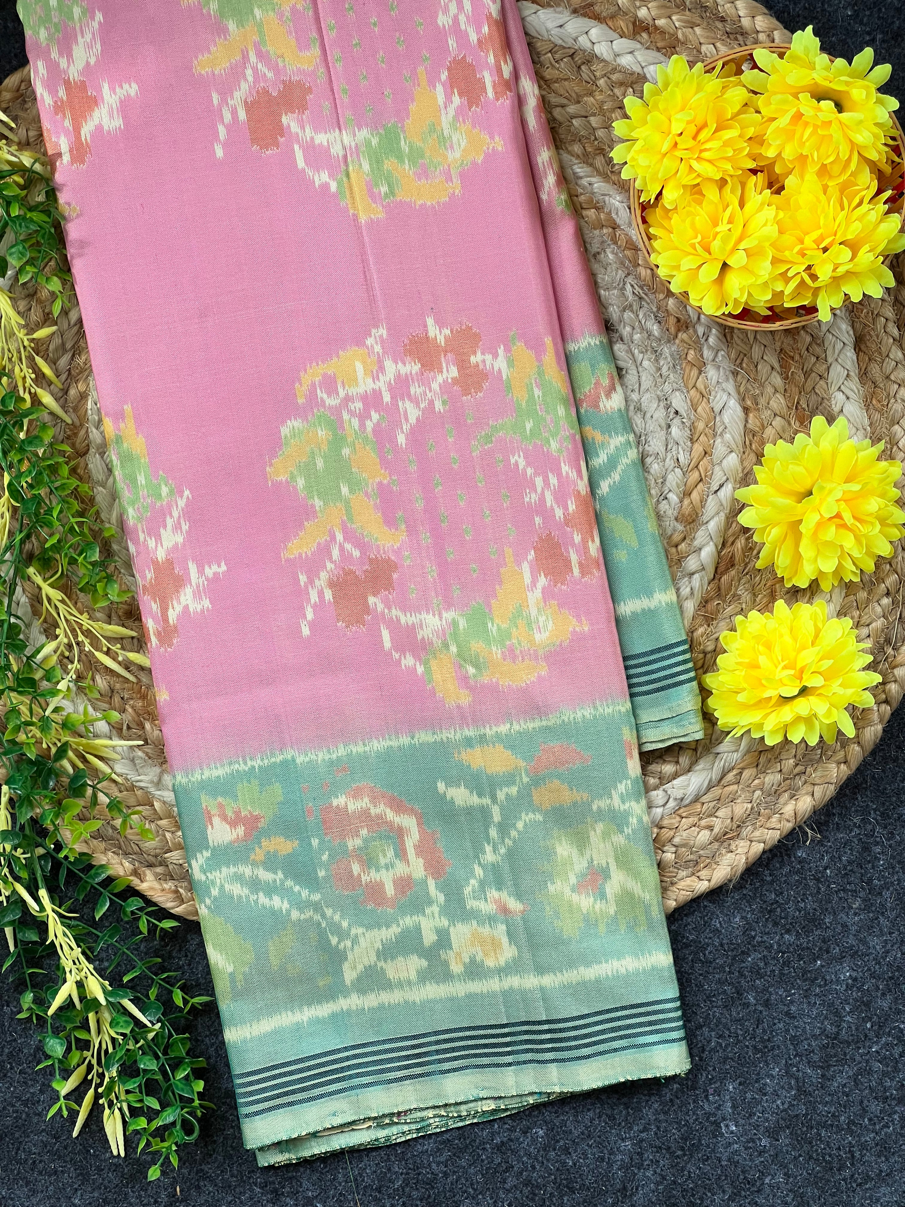 Pastel Pink-Green Handwoven Patola Silk Saree