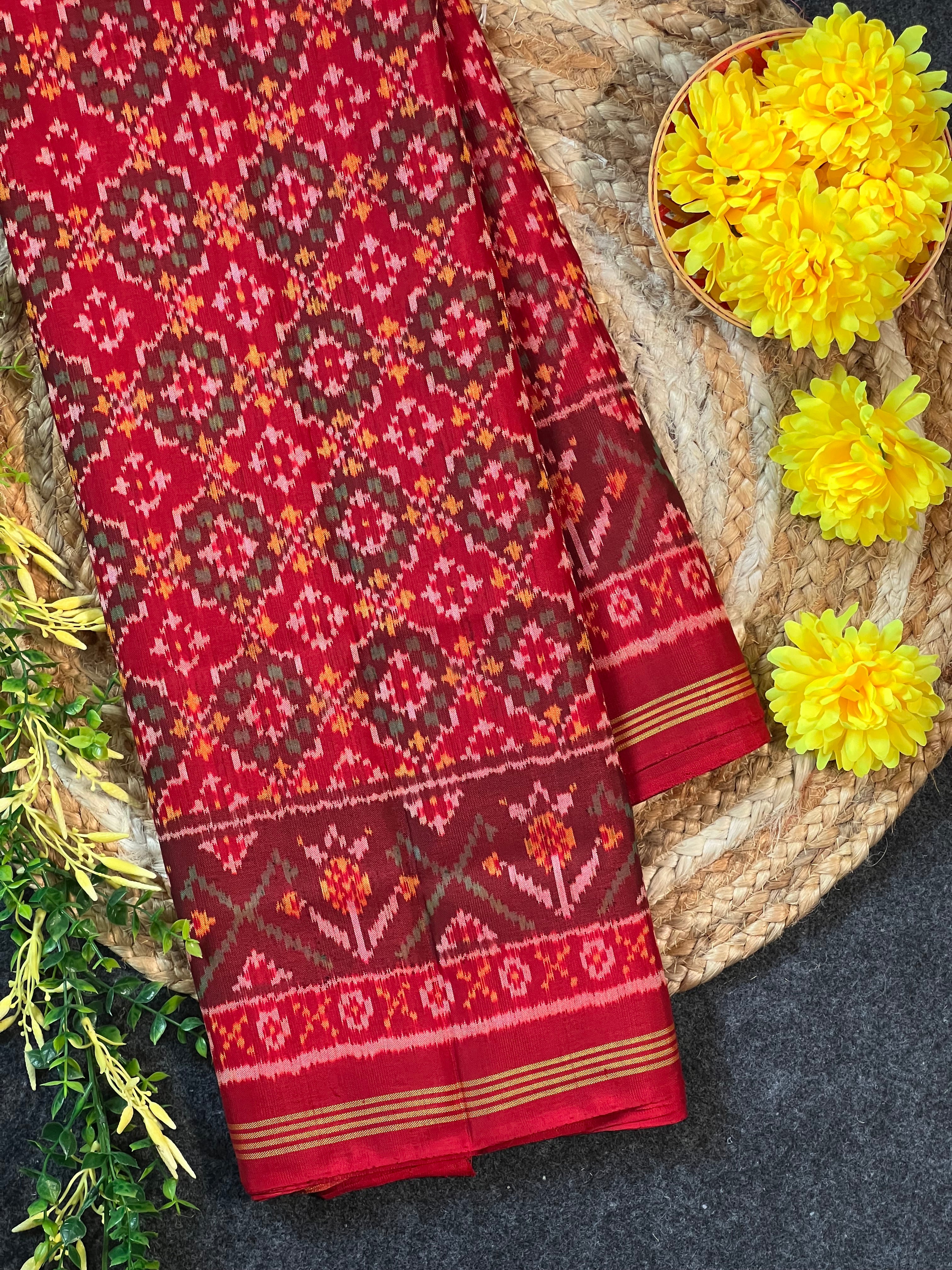 Handwoven Patola Silk Saree Button Ful Red