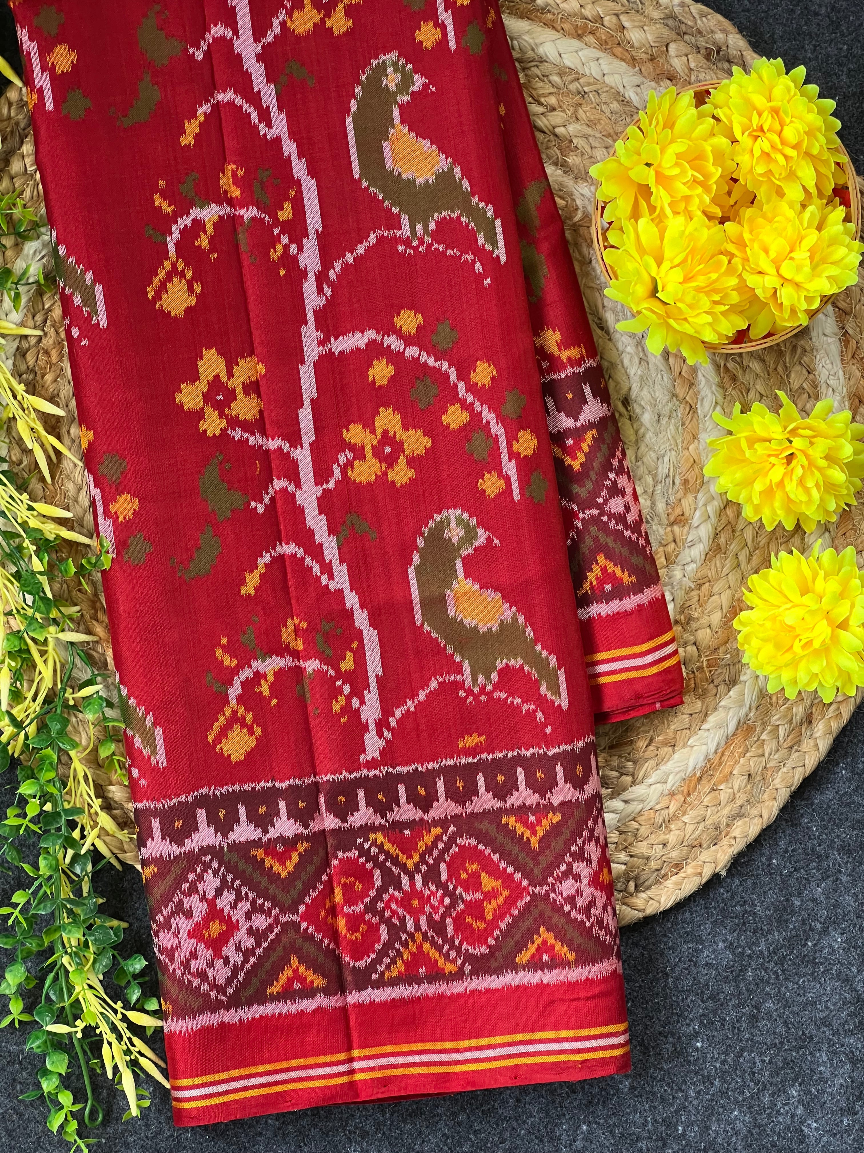 Red Color With Peacock Design Handwoven Patola Silk Saree