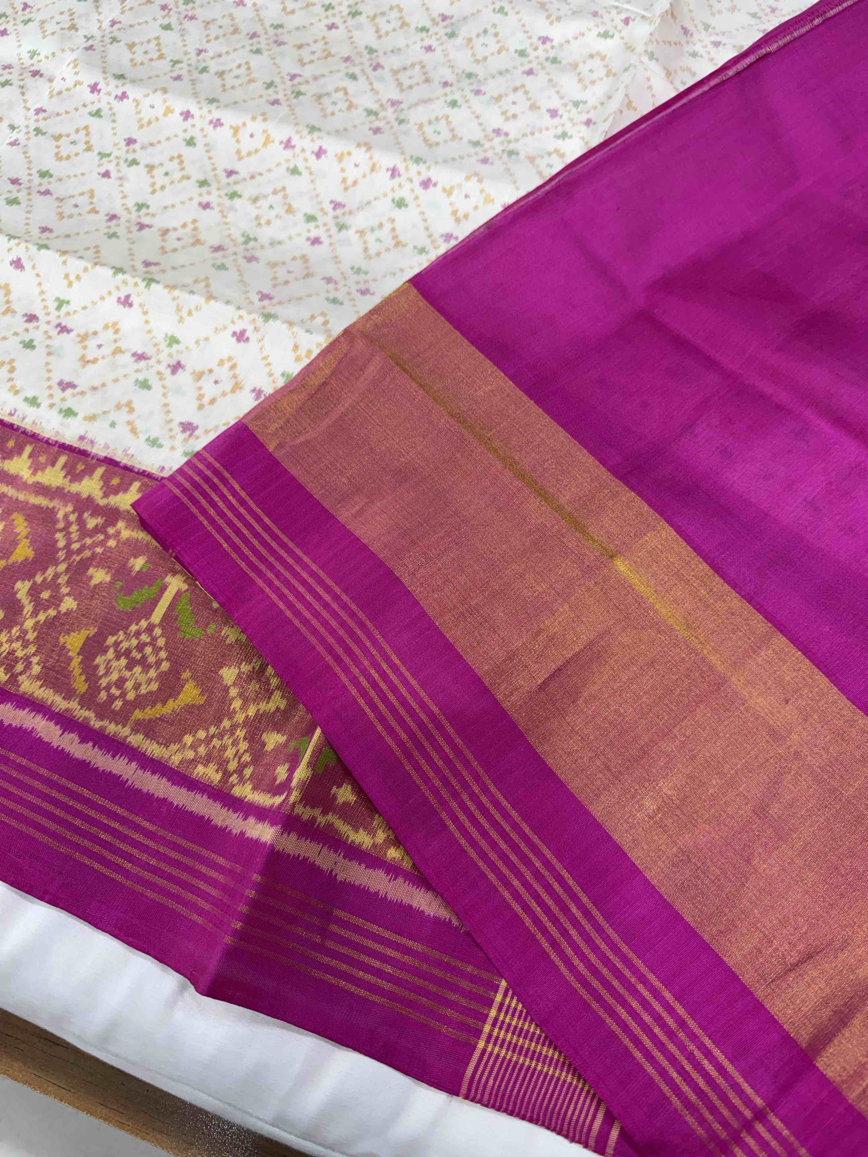White and Pink Color Handwoven Patola Silk Saree