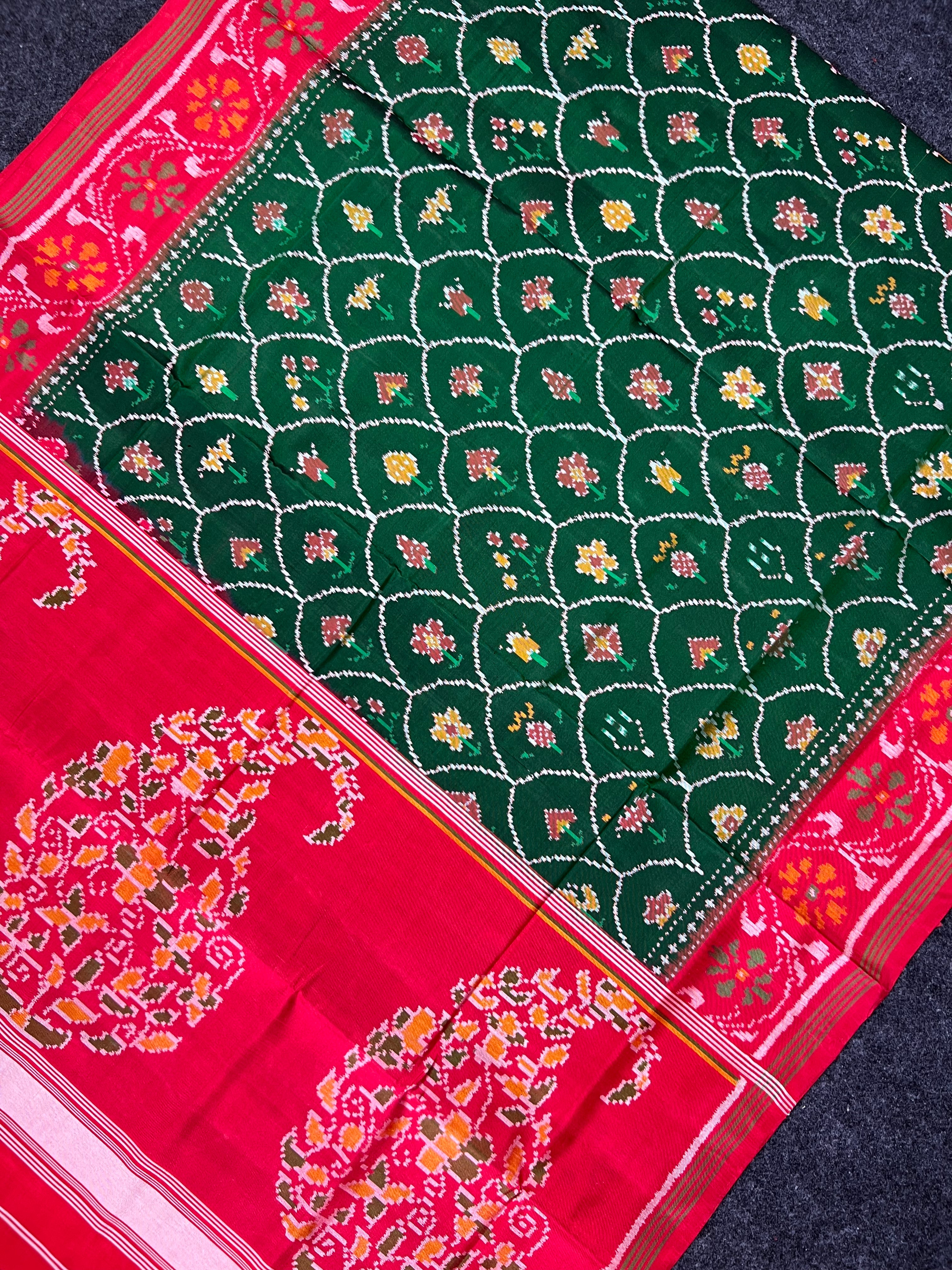 Red-Green Fancy Design Handwoven Patola Silk Saree