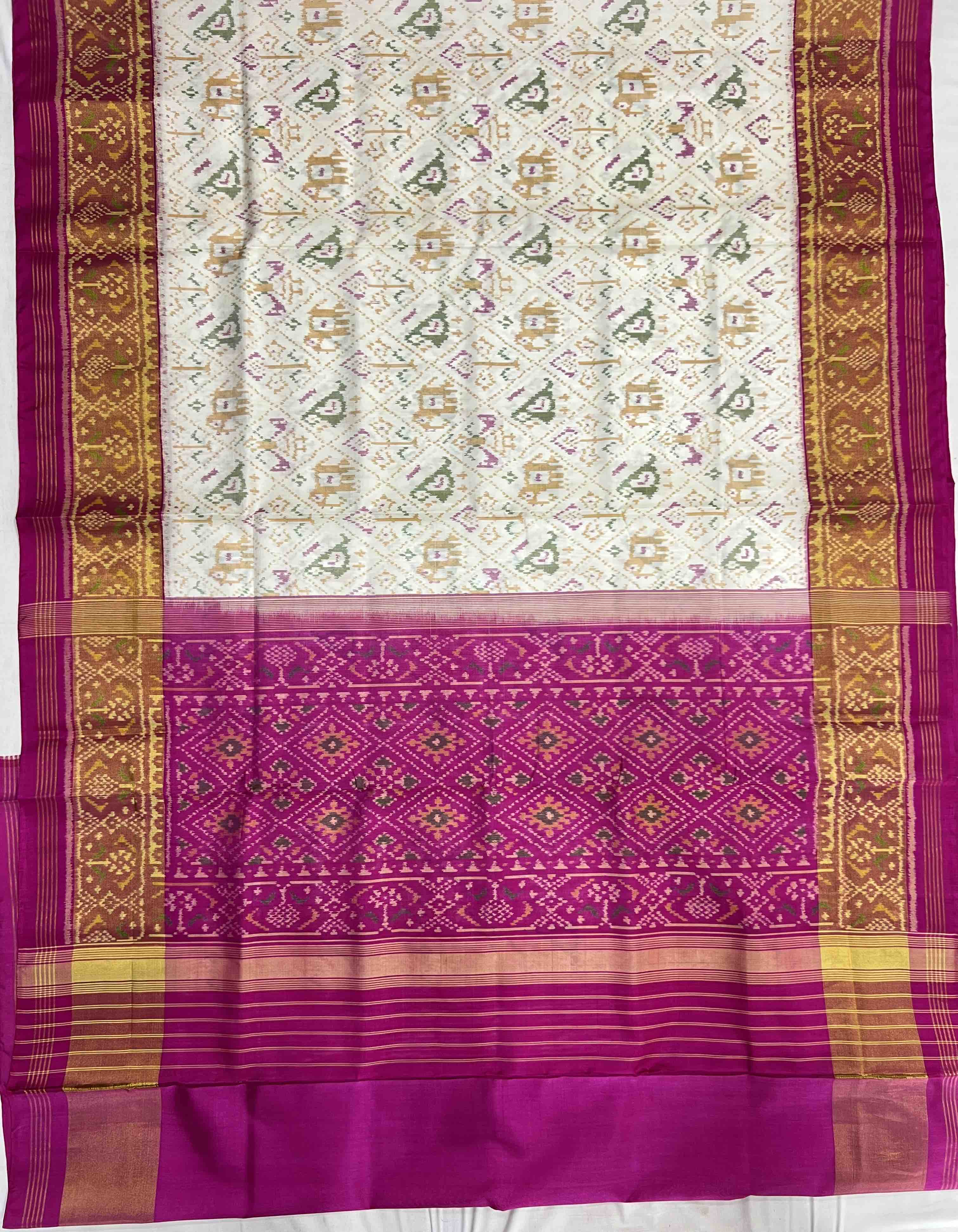 White Narikunj with Pink Pallu Traditional Design Handwoven Patola Silk Saree Secondary image