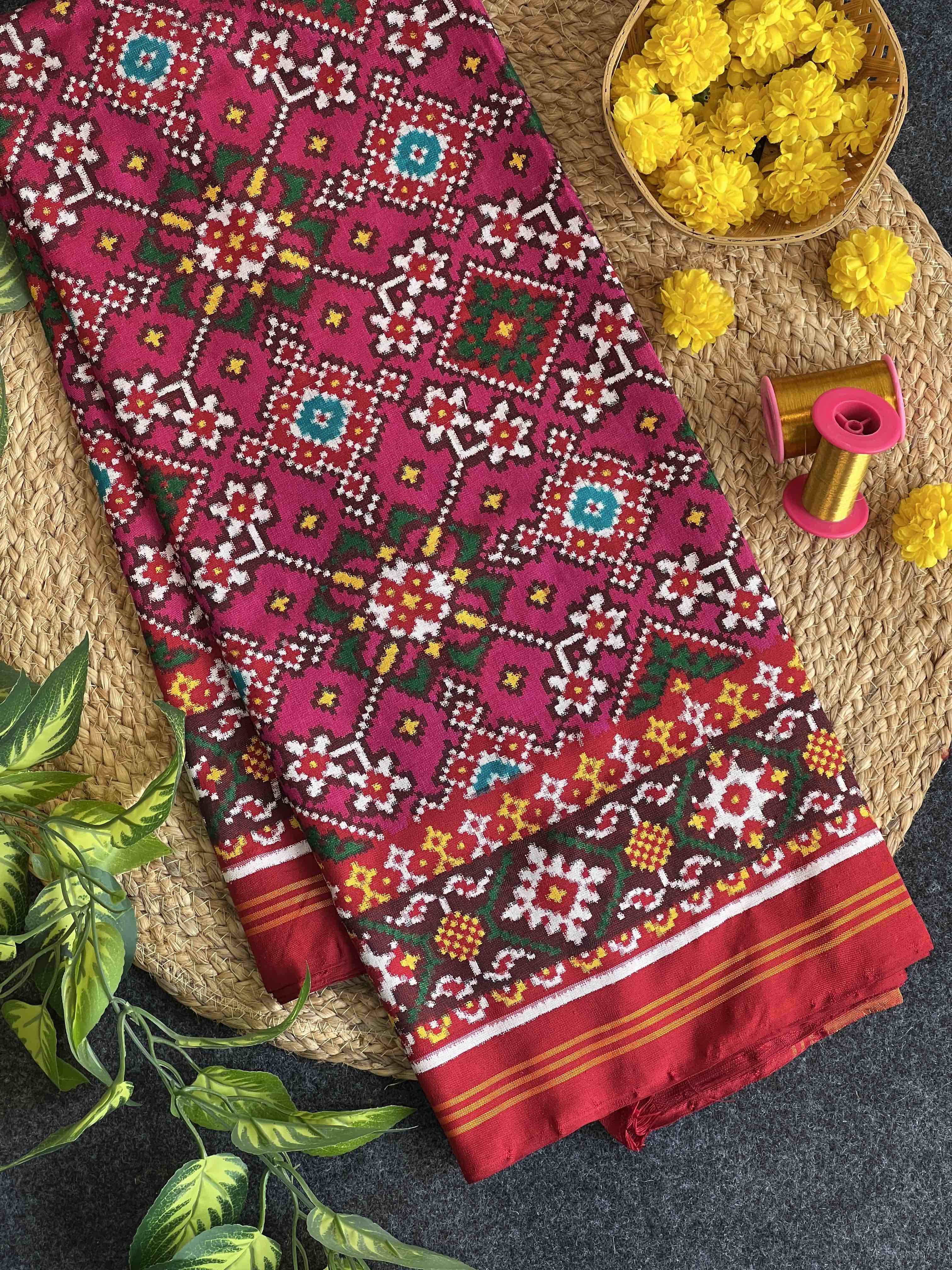 Pink Navratna Handwoven Double Ikat Patola Silk Saree Main image