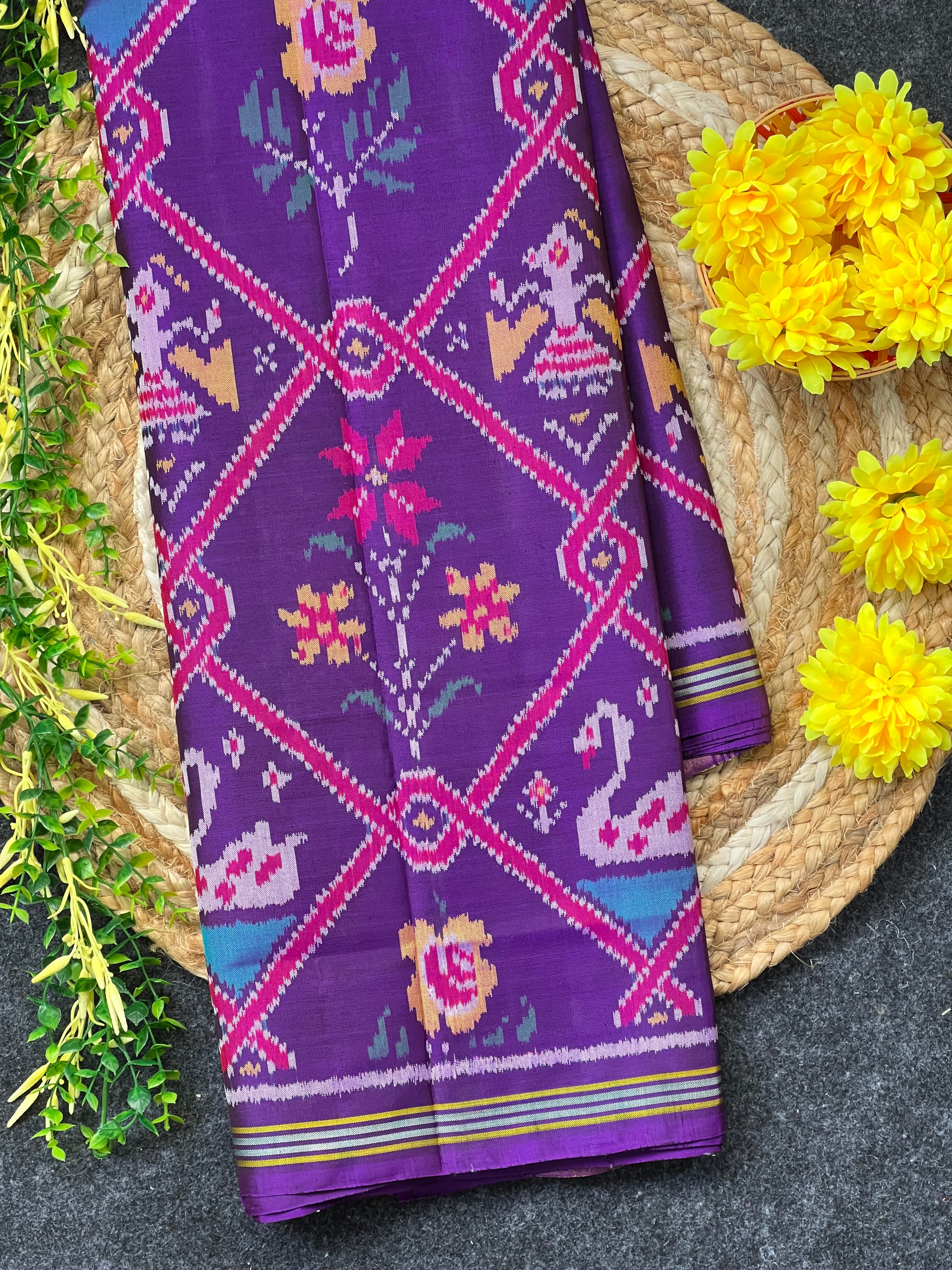 Purple Motifs With Flower Design Handwoven Patola Silk Saree Main image