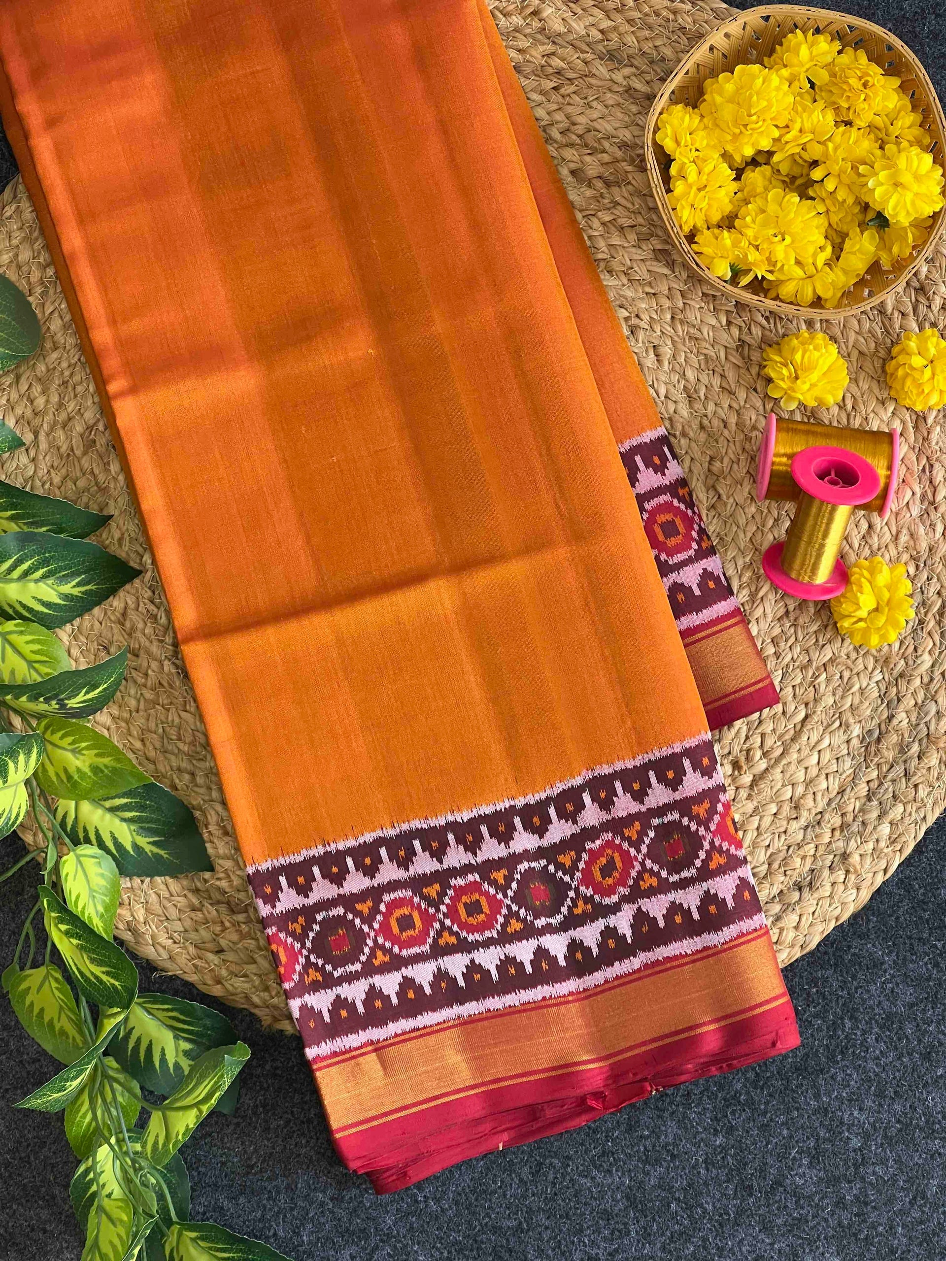 Mustard Red Plain gala Border Handwoven Patola Silk Saree Main image