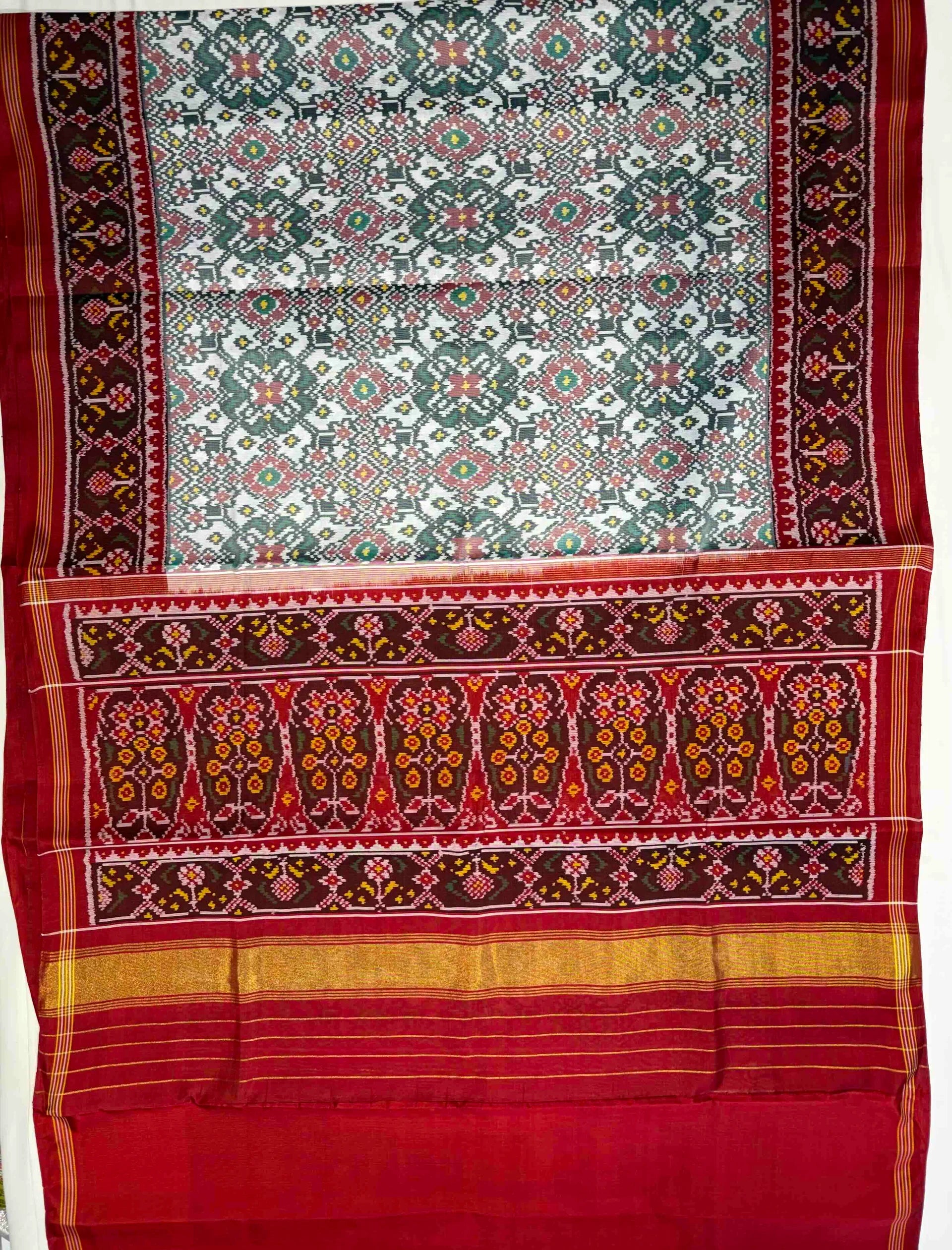 White Navratna Traditional Design Handwoven Patola Silk Saree