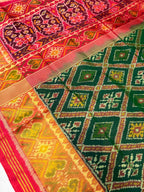 Green and Red Traditional Design Handwoven Patola Silk Saree