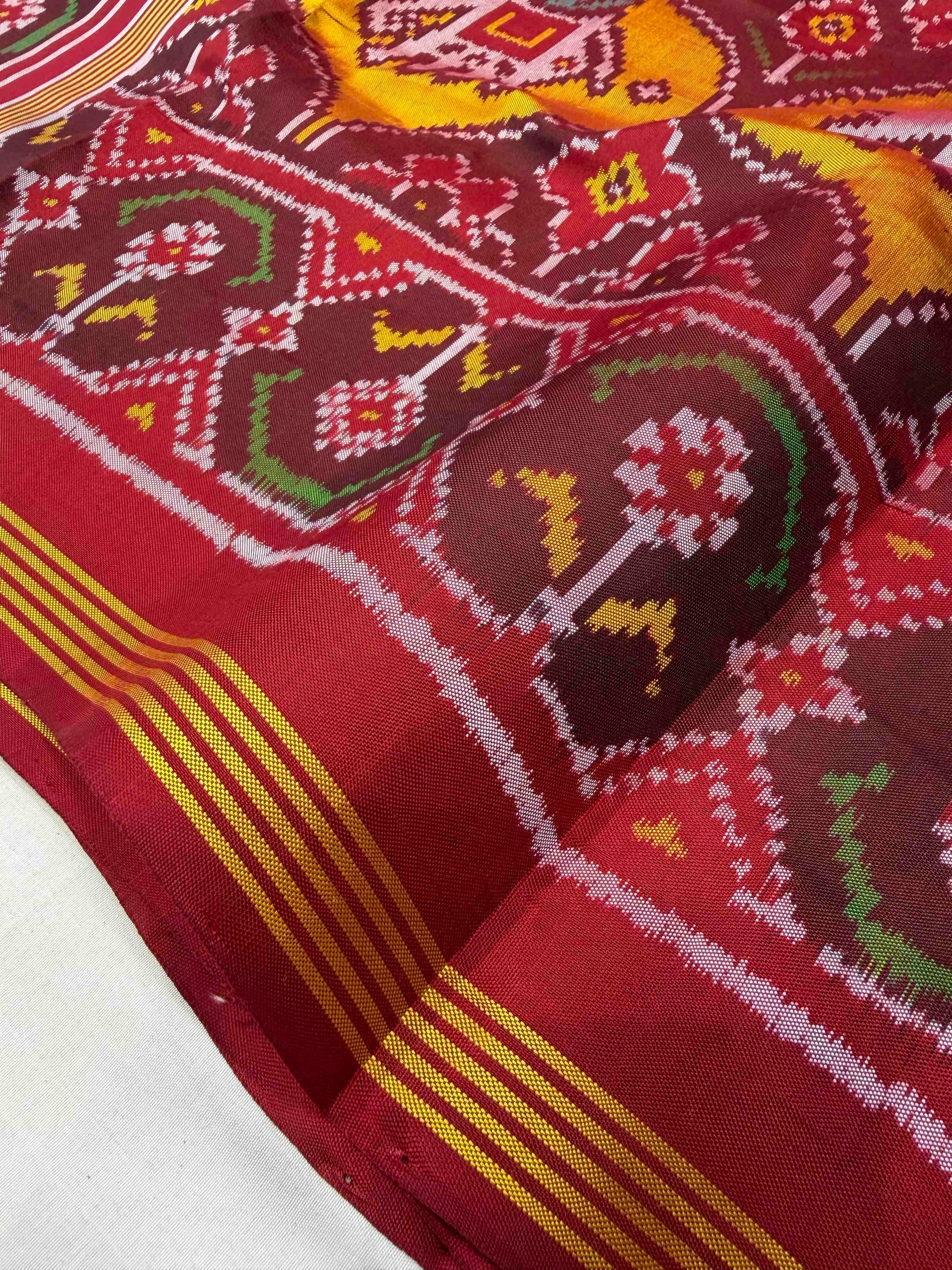 Three Motifs With Three Color Handwoven Patola Silk Saree