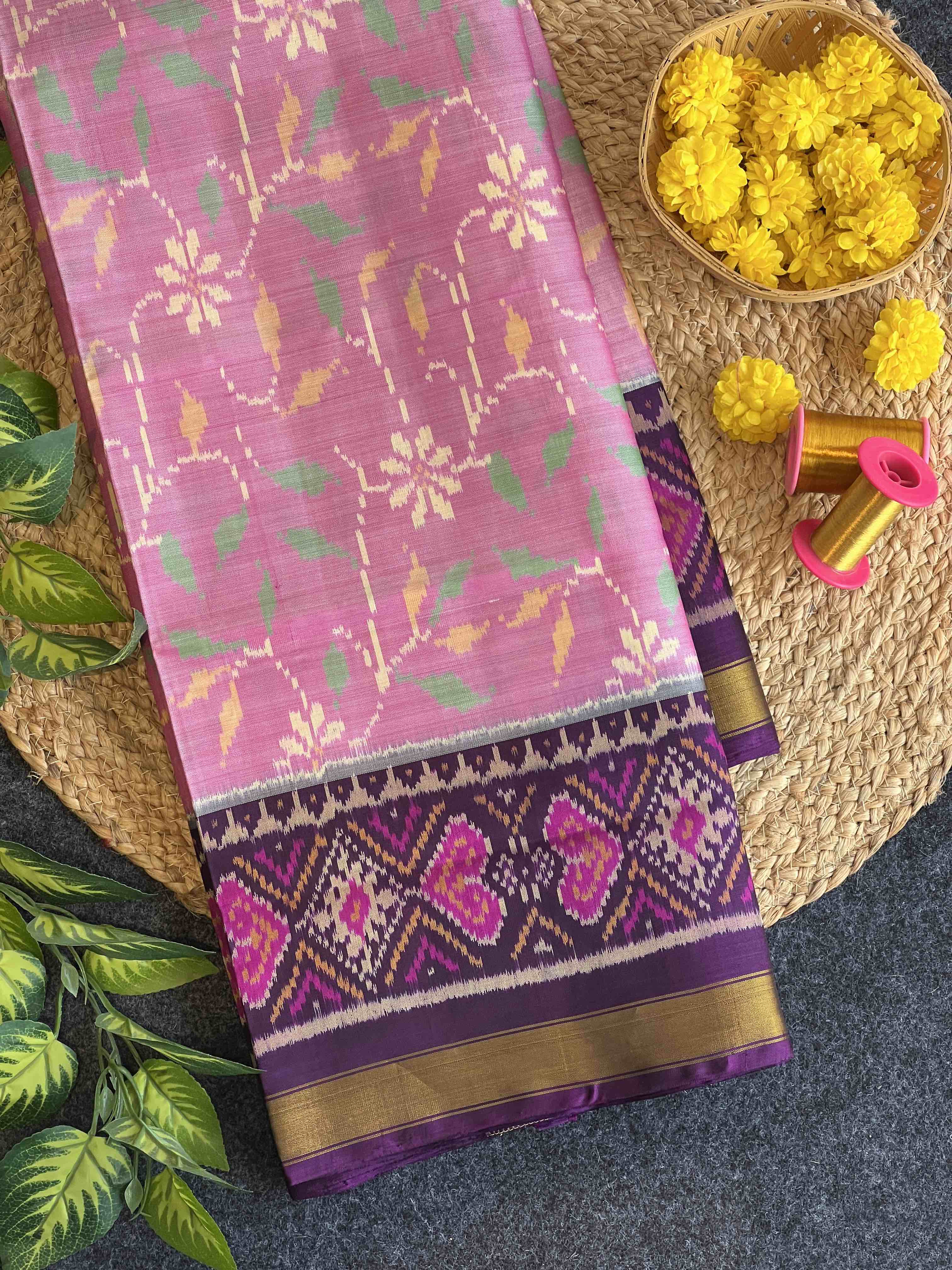 Baby-pink and purple Fancy Design Handwoven Patola Silk Saree Main image