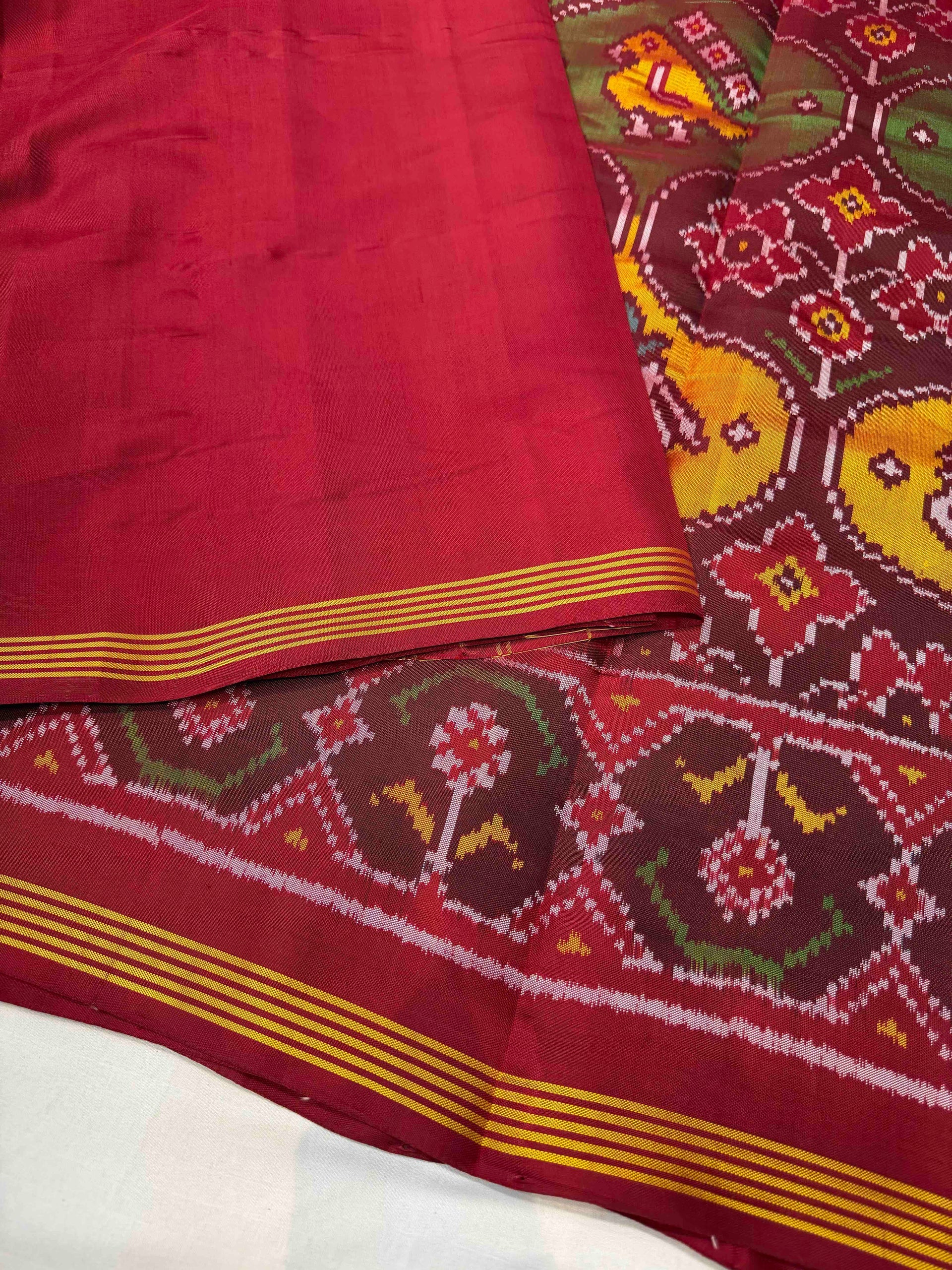 Three Motifs With Three Color Handwoven Patola Silk Saree