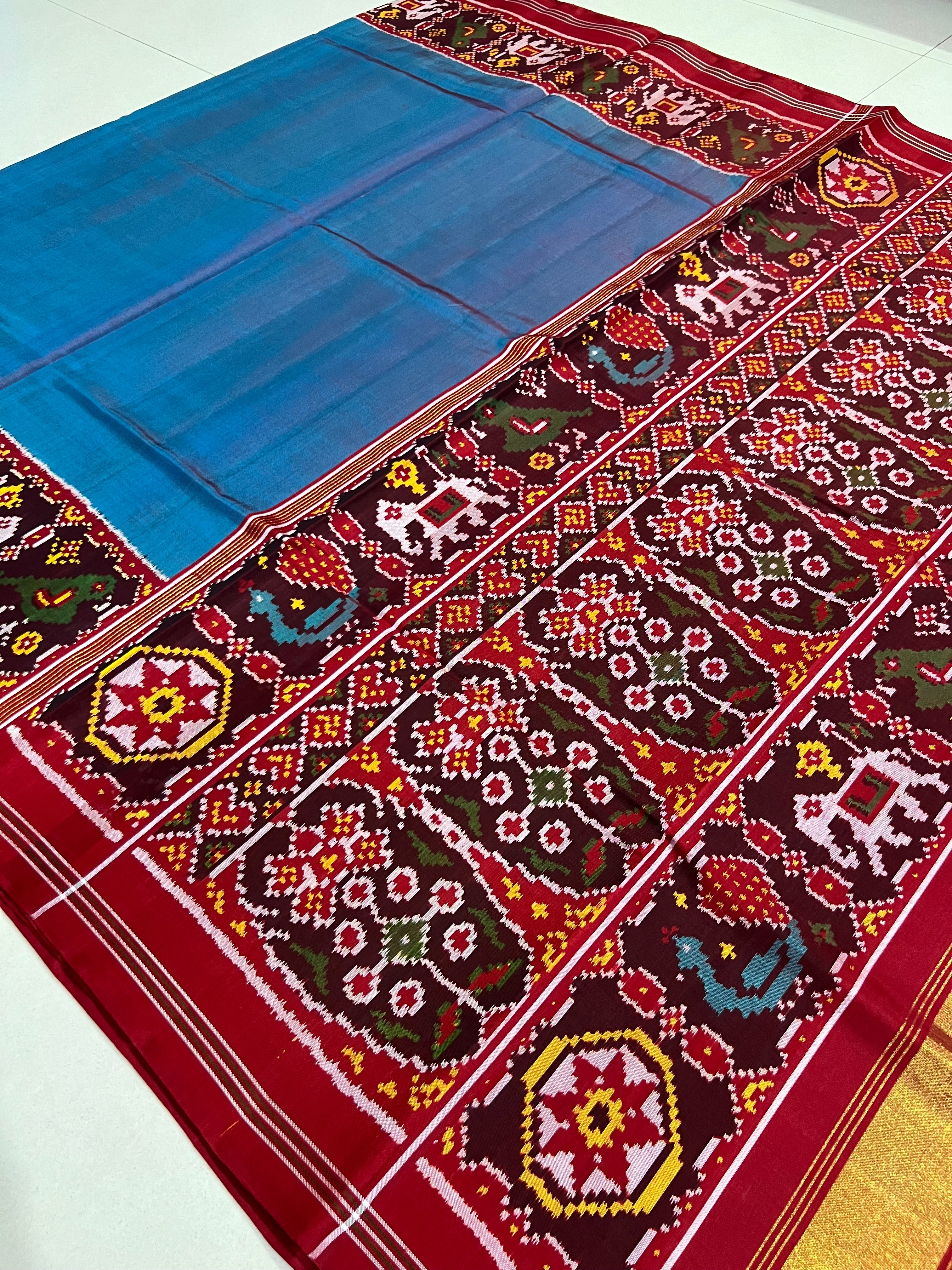 Blue Gala Border With Designer Blouse Handwoven Patola Silk Saree