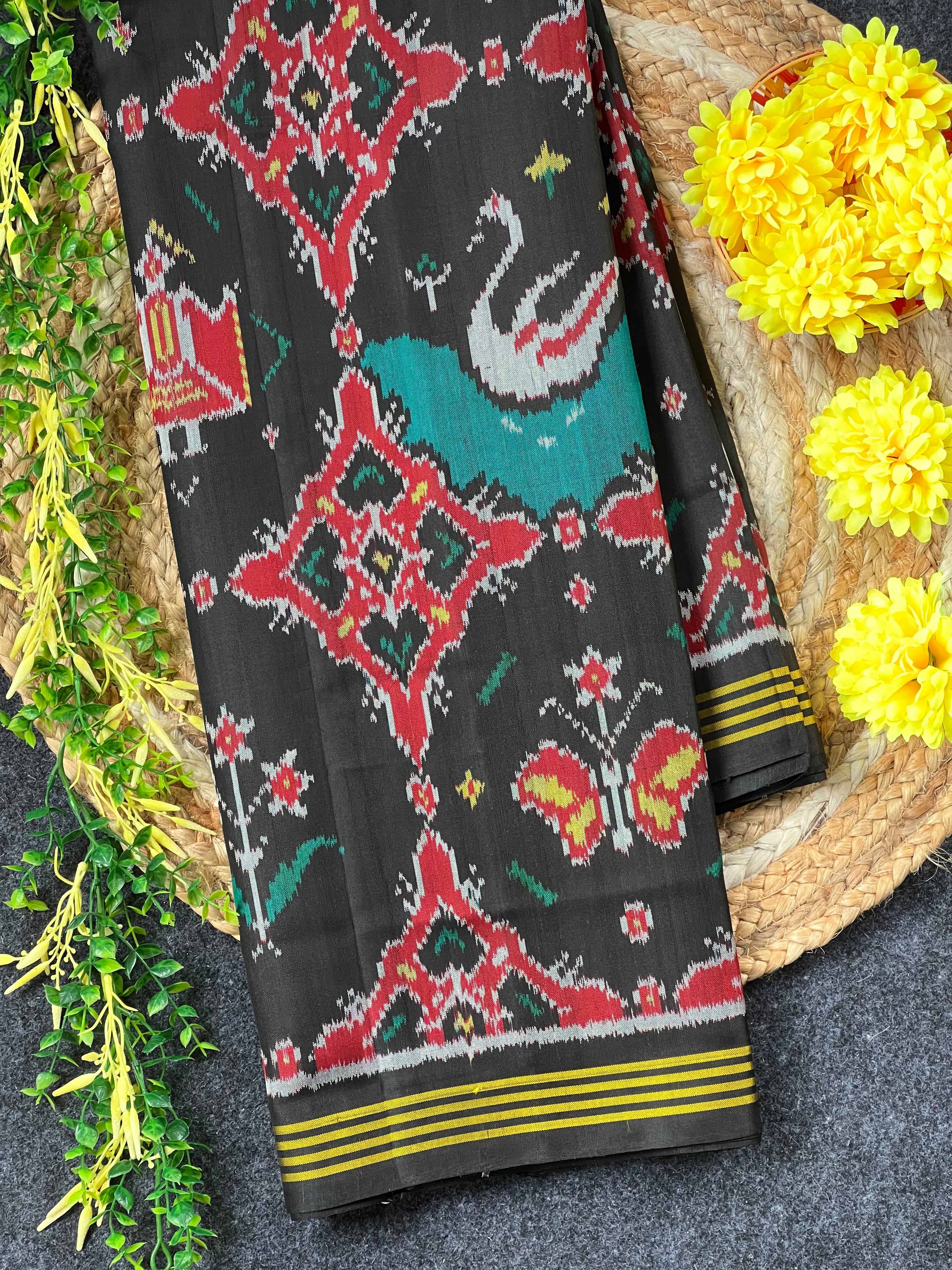 Black Motif Design Handwoven Patola Silk Saree