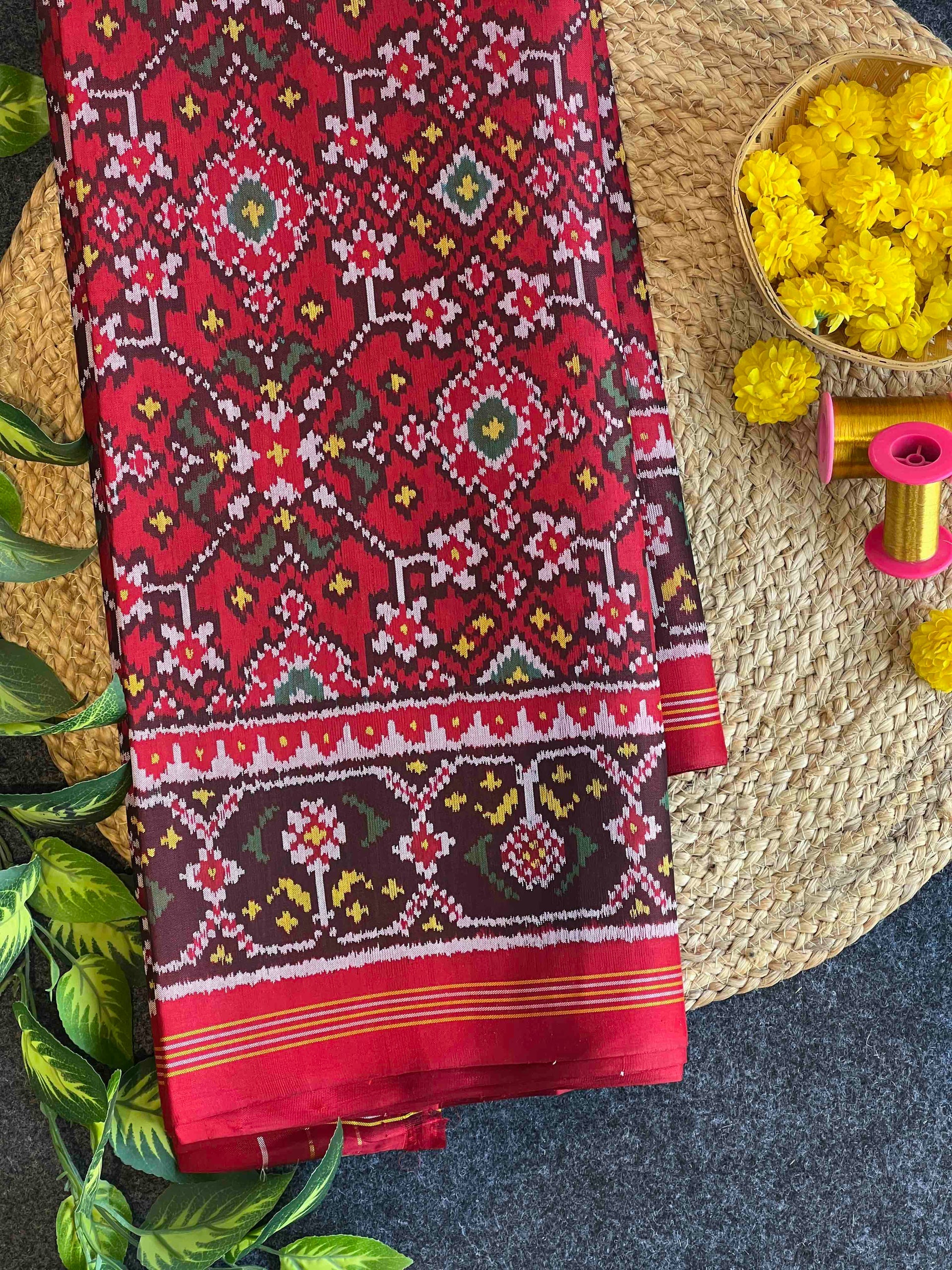 Red Navratna Traditional Design Handwoven Patola Silk Saree