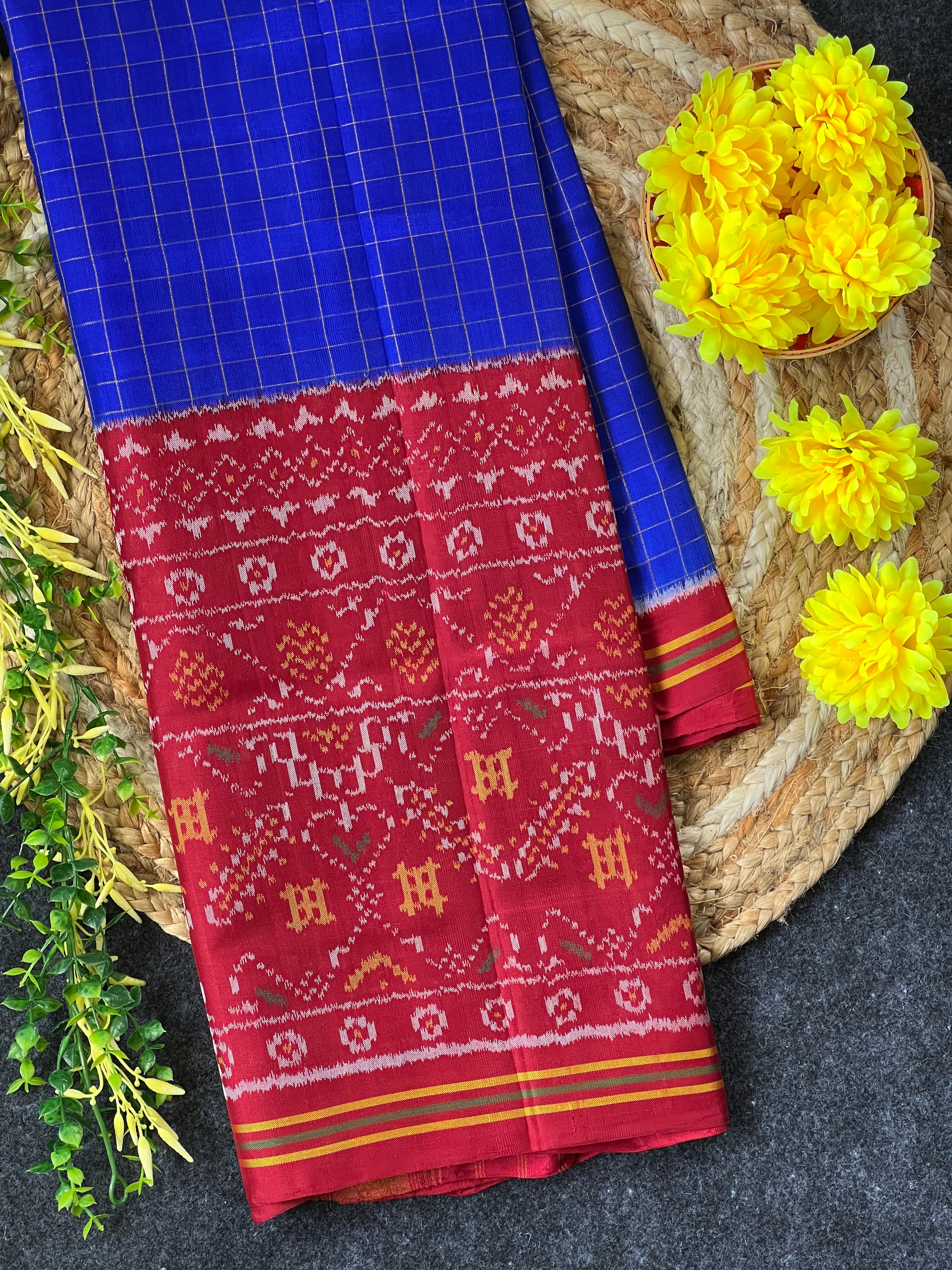 Blue Chex With Skirt Border Handwoven Patola Silk Saree