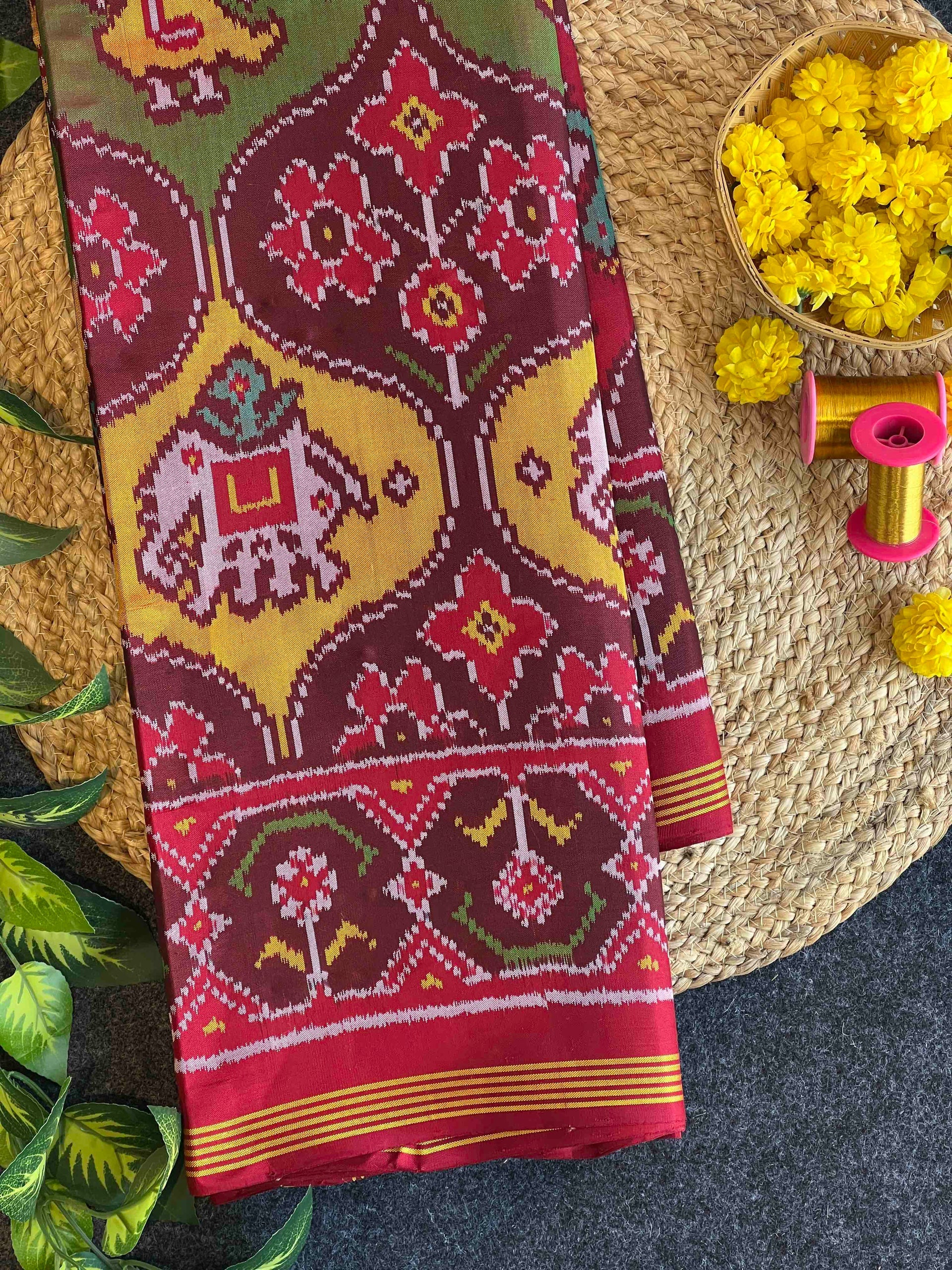 Three Motifs With Three Color Handwoven Patola Silk Saree Main image