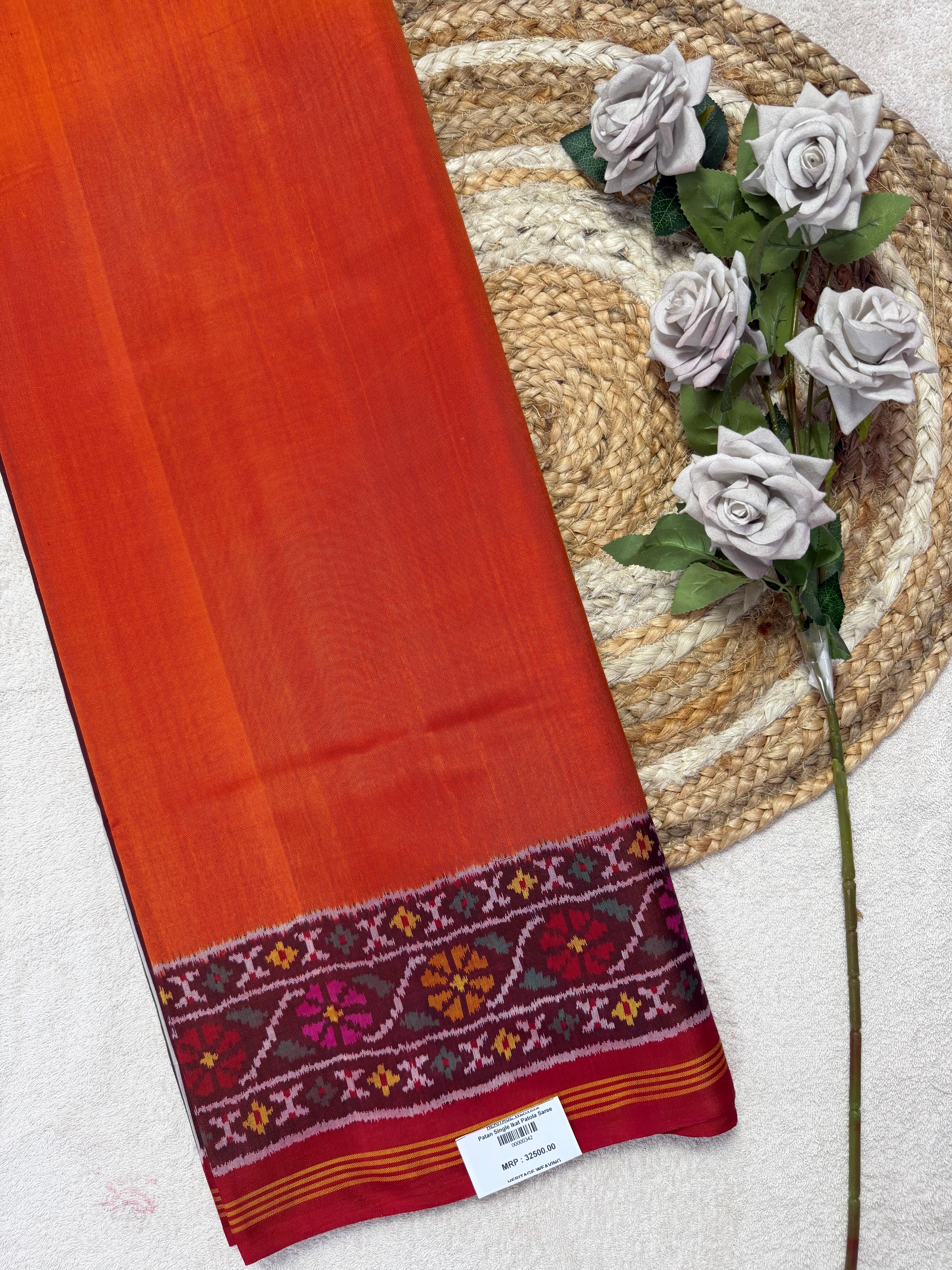 Plain Orange Gala Border with Designer Blouse Handwoven Patola Silk Saree Main image