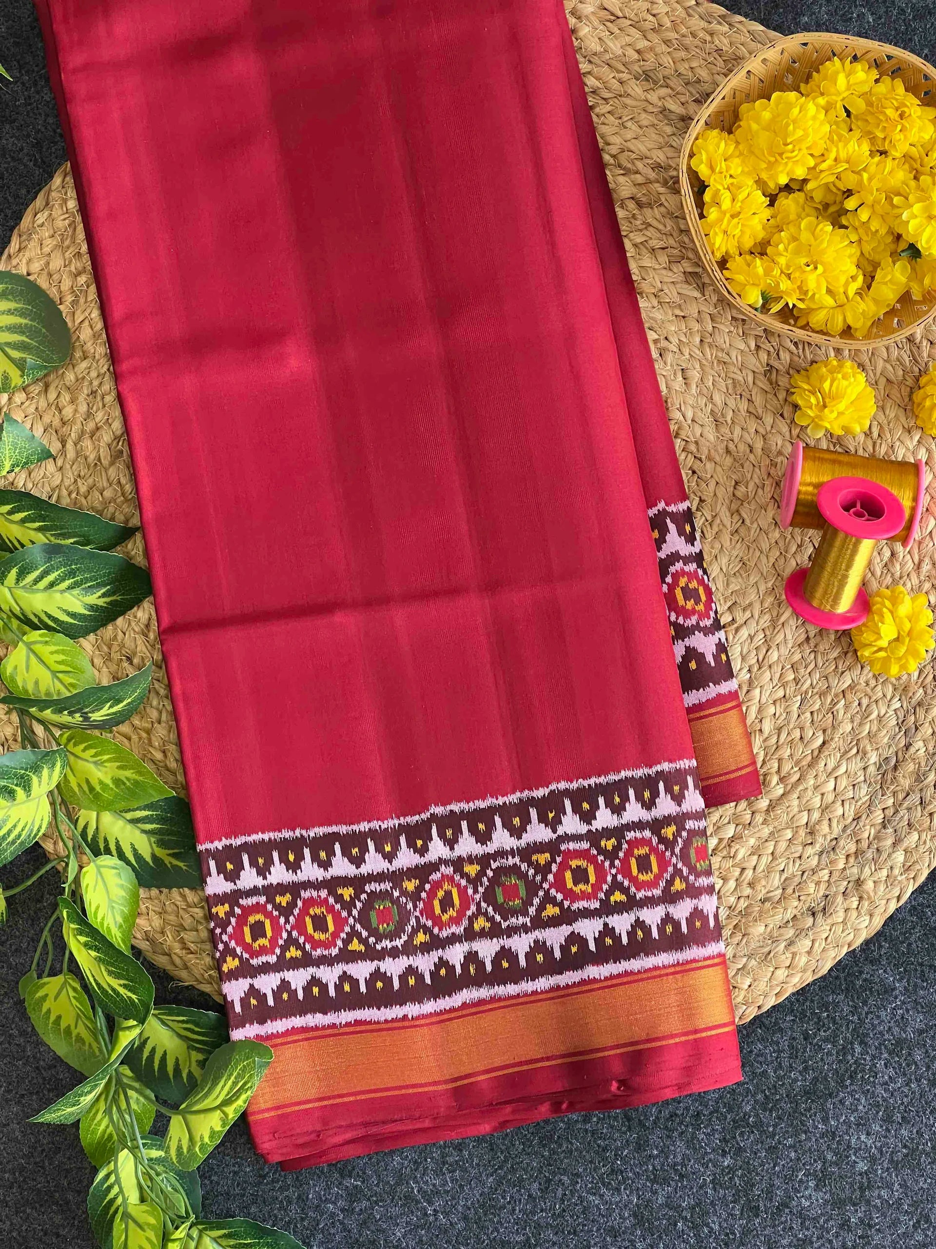 Red Plain gala Border Handwoven Patola Silk Saree Main image