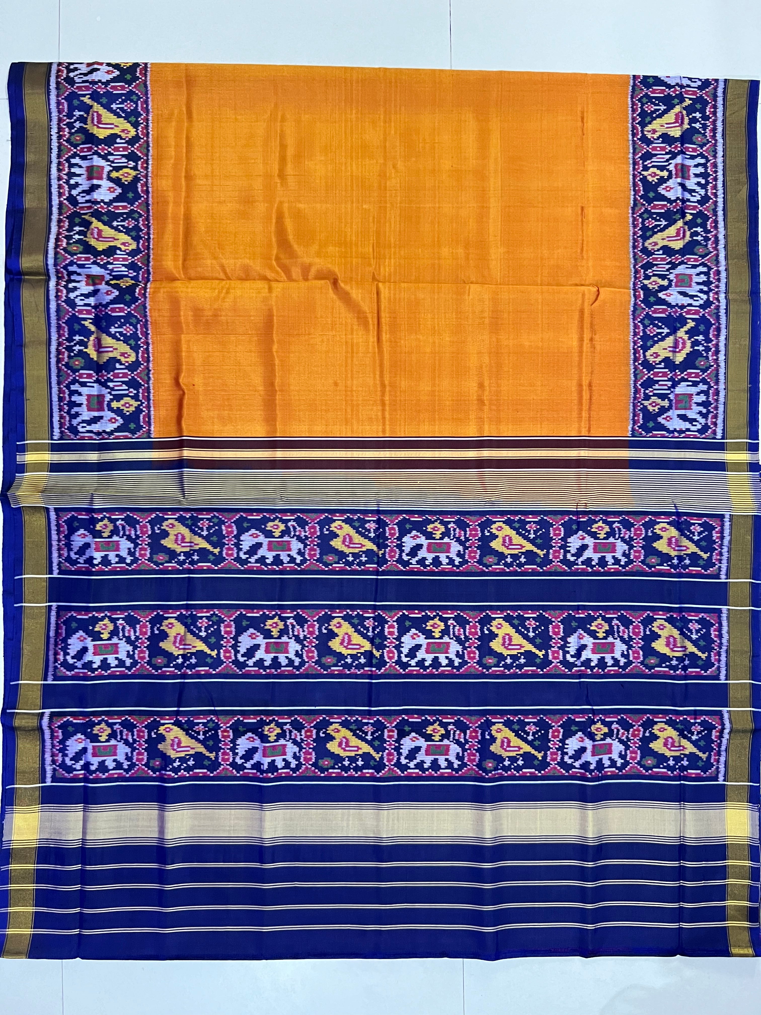 Mustard With Blue Gala Border Handwoven Patola Silk Saree Secondary image