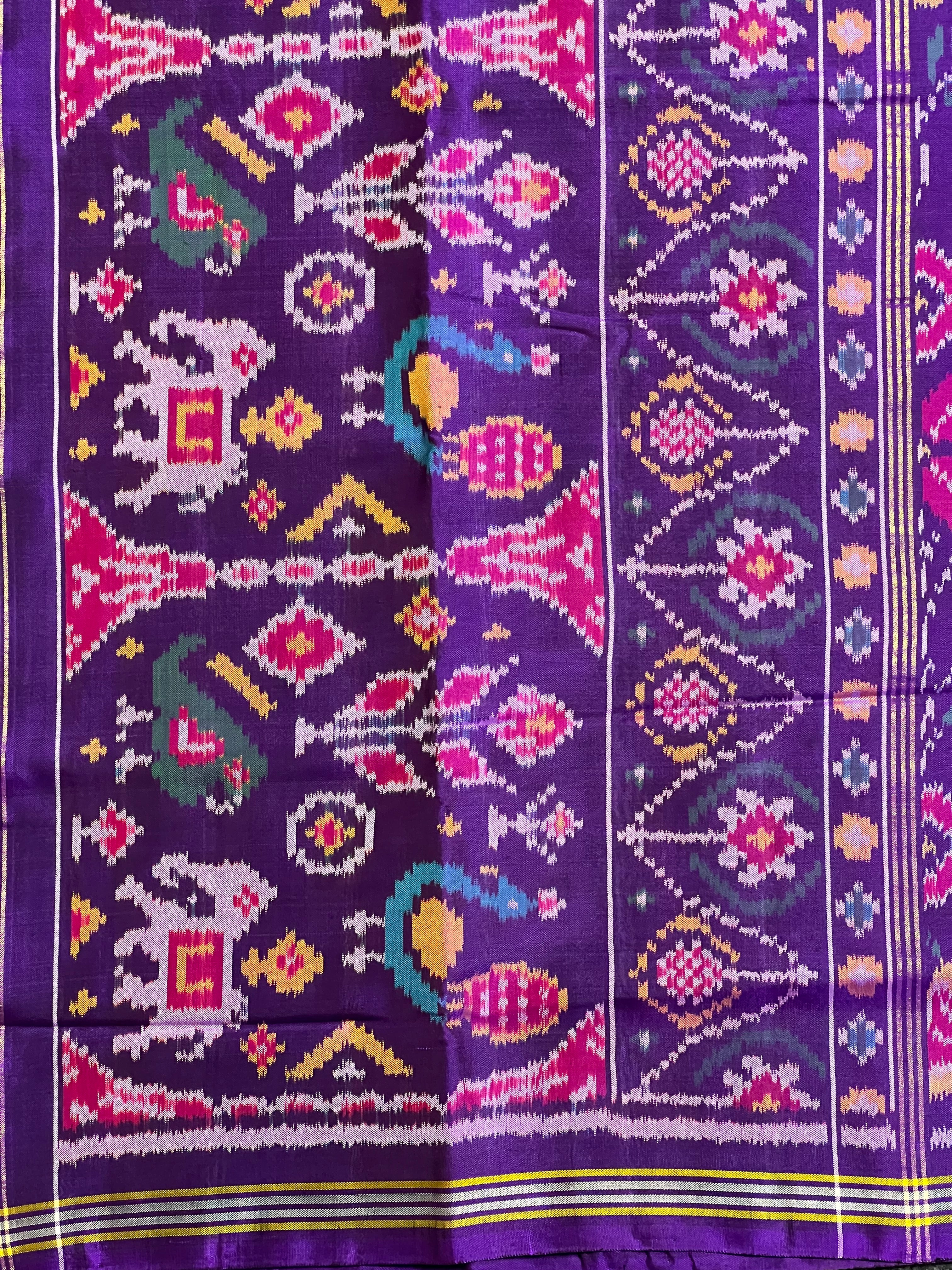 Purple Motifs With Flower Design Handwoven Patola Silk Saree