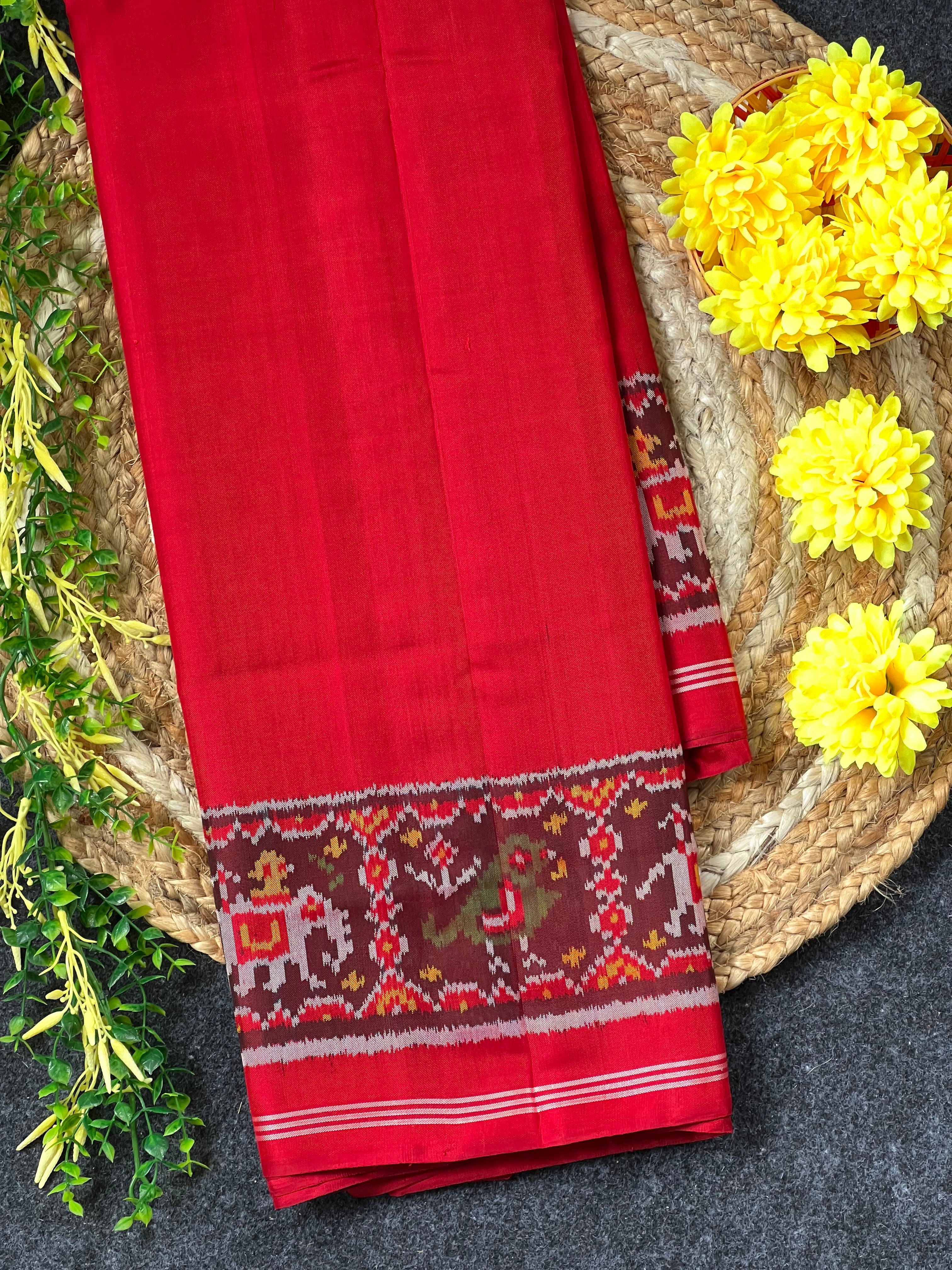 Plain Red With Designer Blouse Handwoven Patola Silk Saree