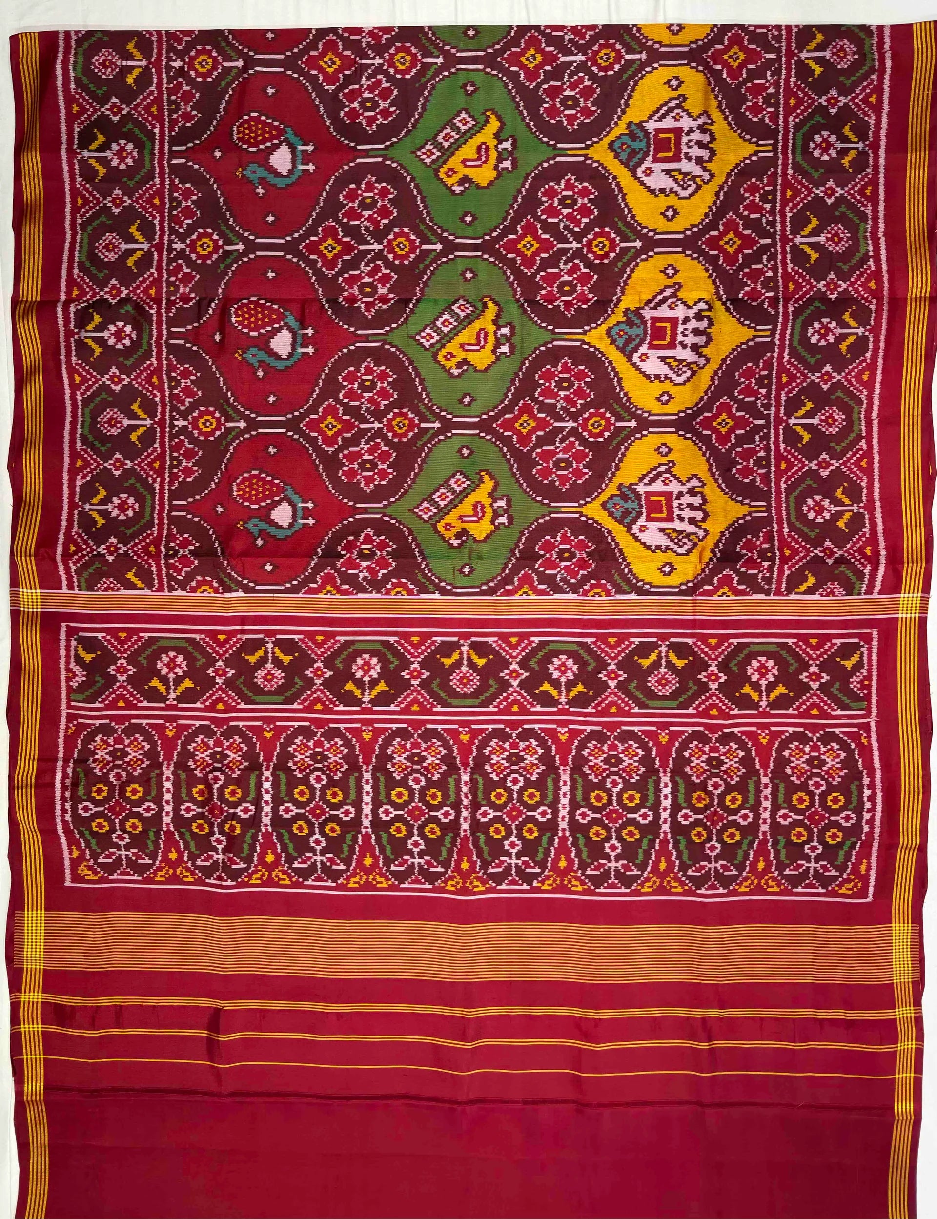 Three Motifs With Three Color Handwoven Patola Silk Saree