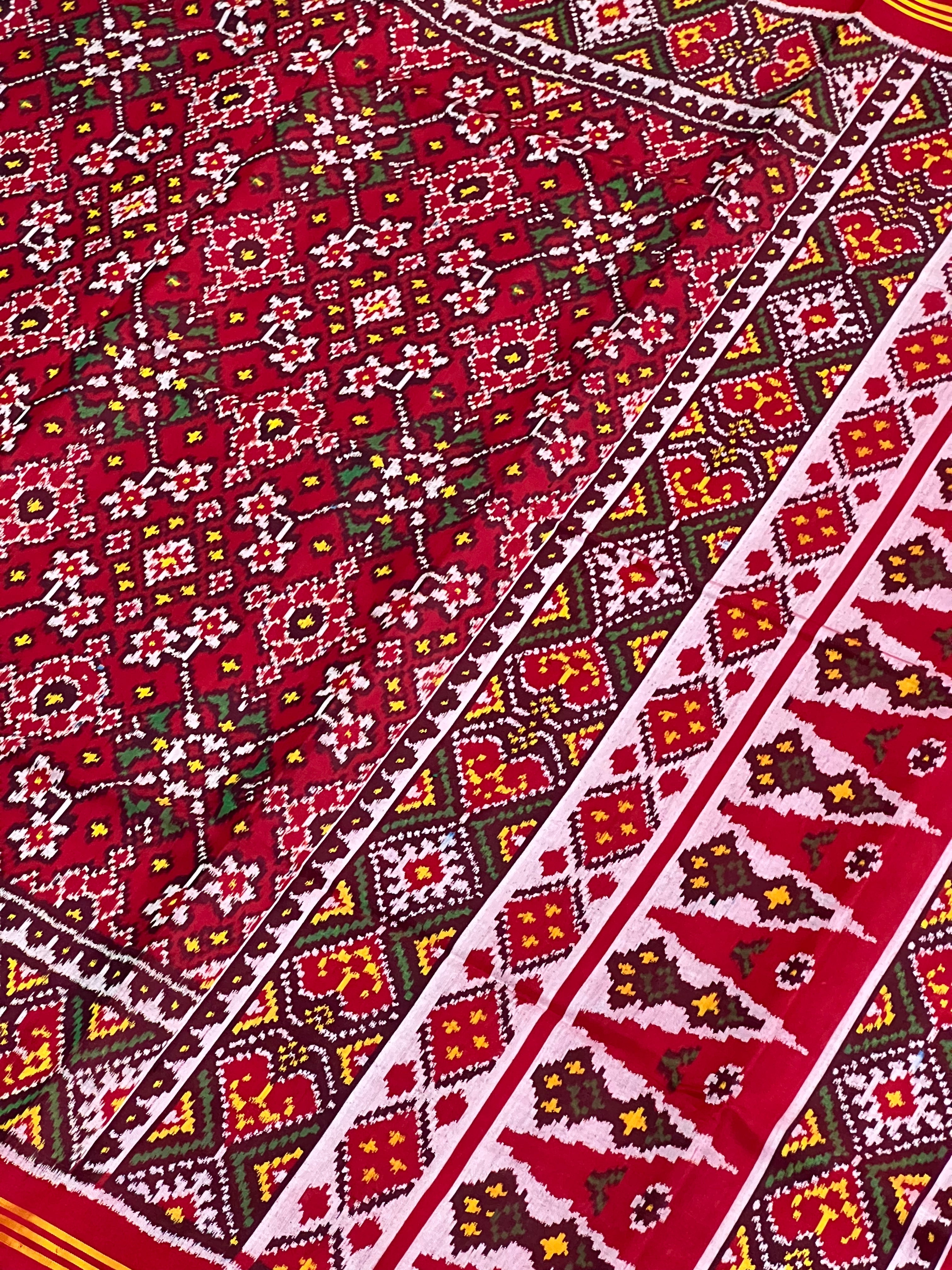 Red Navratna Traditional Design Handwoven Patola Silk Saree