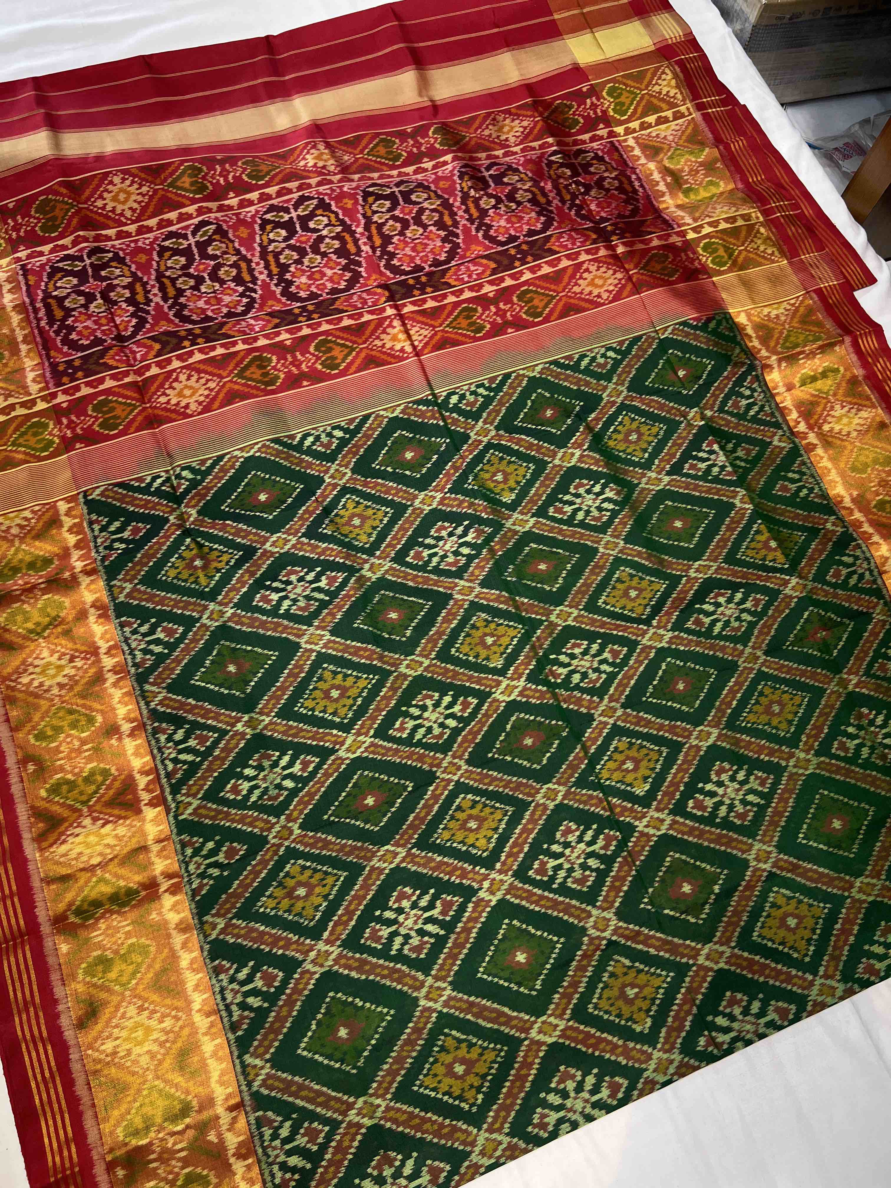 Green and Red Traditional Design Handwoven Patola Silk Saree Secondary image