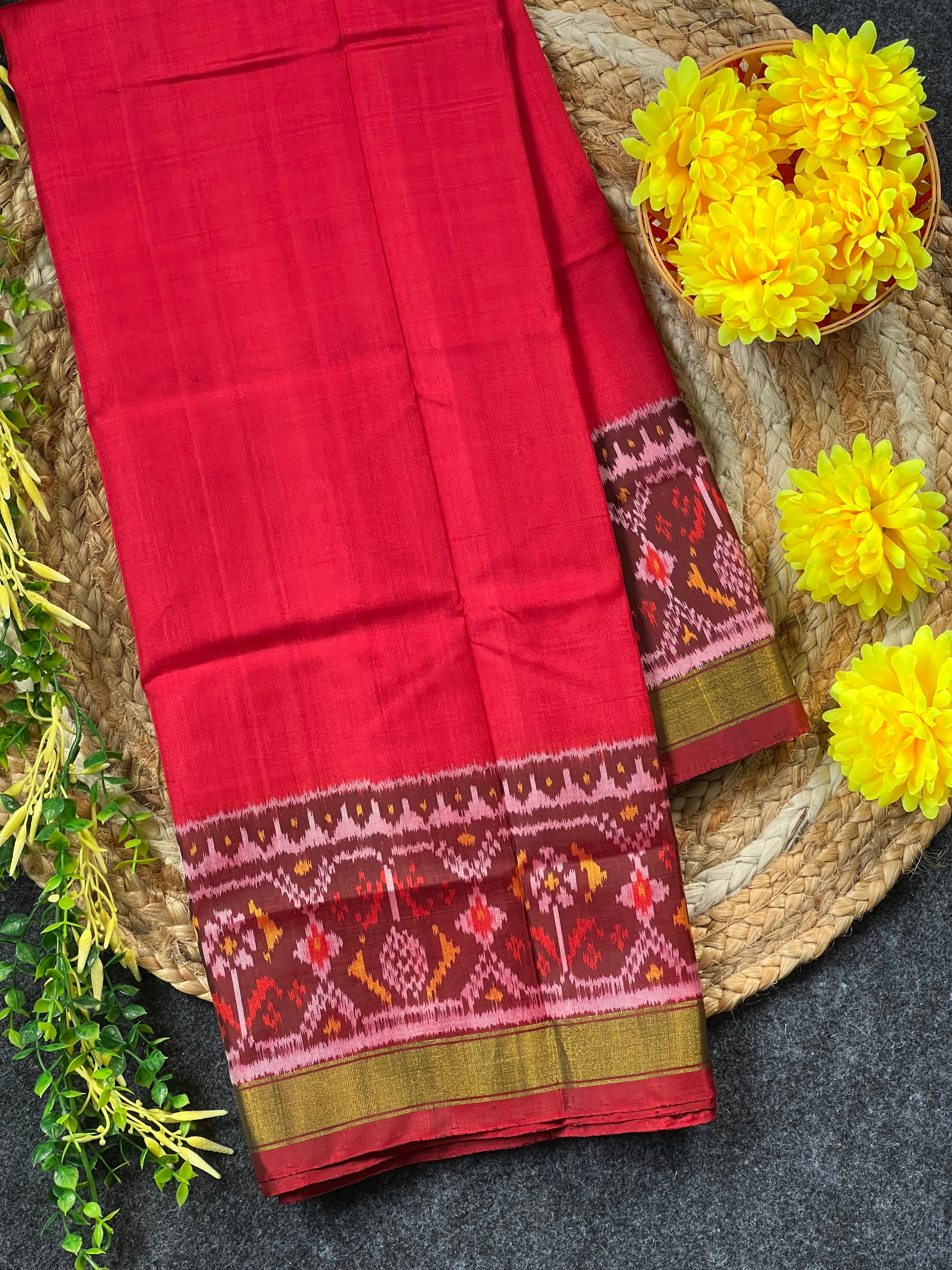 Plain Gala Border With Designer Blouse Handwoven Patola Silk Saree