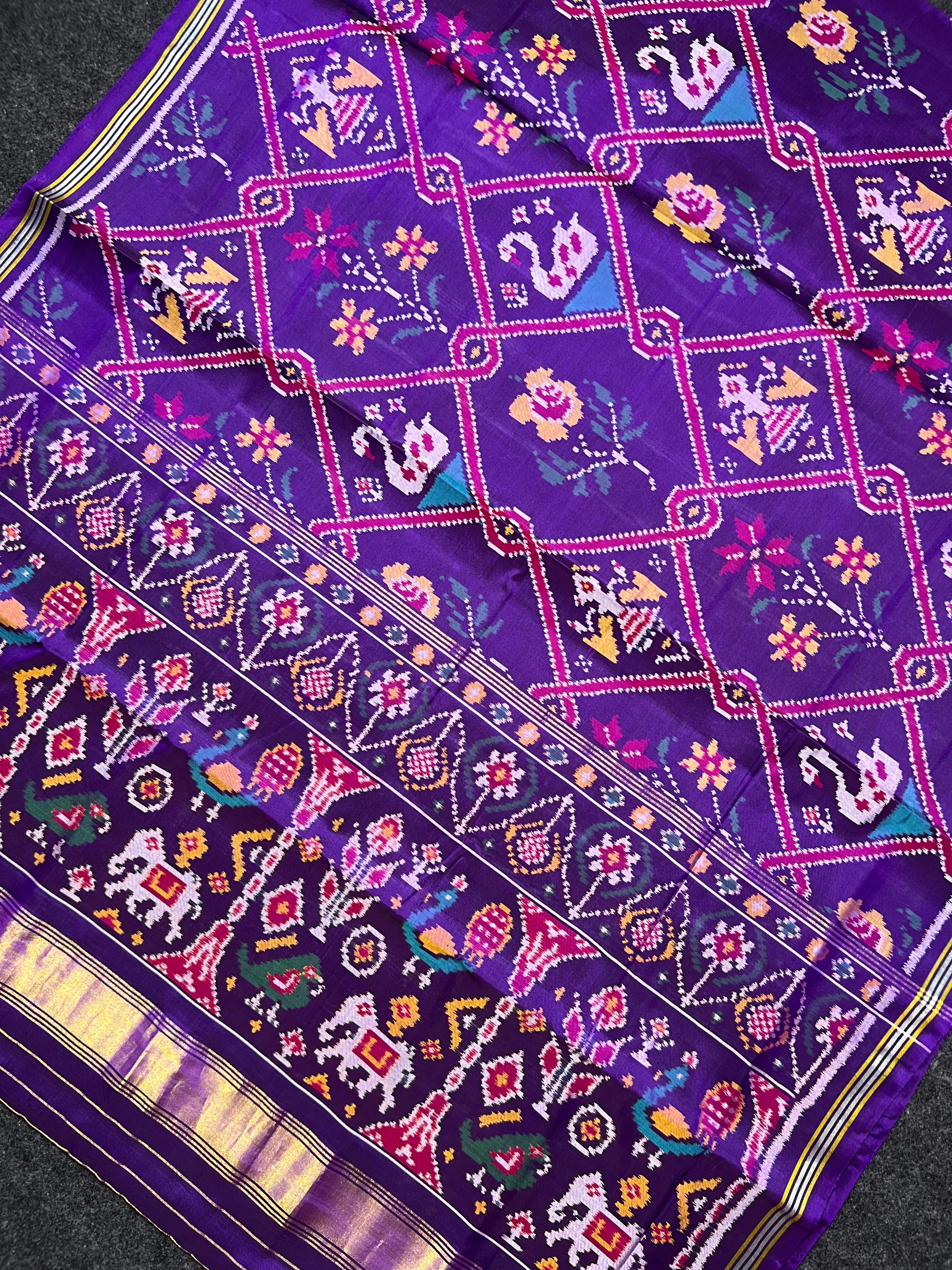Purple Motifs With Flower Design Handwoven Patola Silk Saree