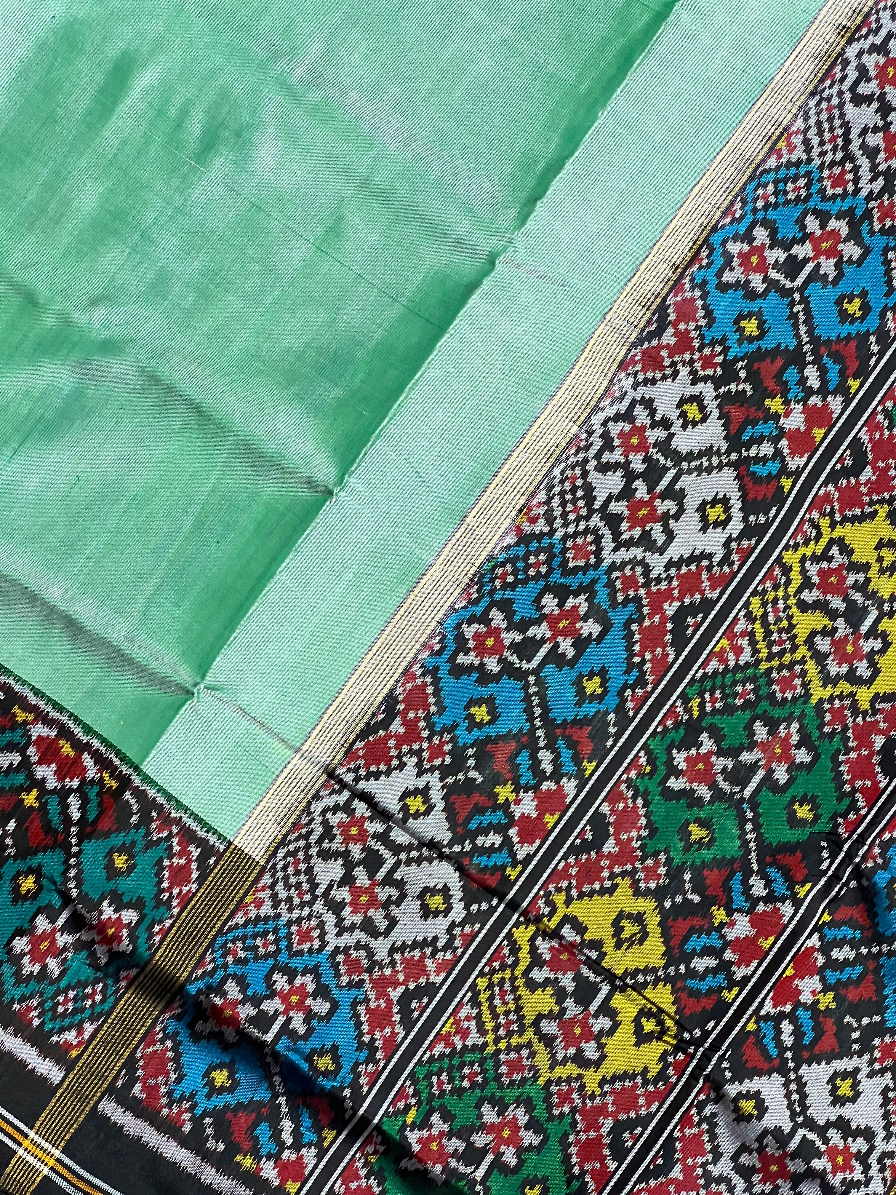 Pista Plain Gala Border With Designer Blouse  Handwoven Patola Silk Saree