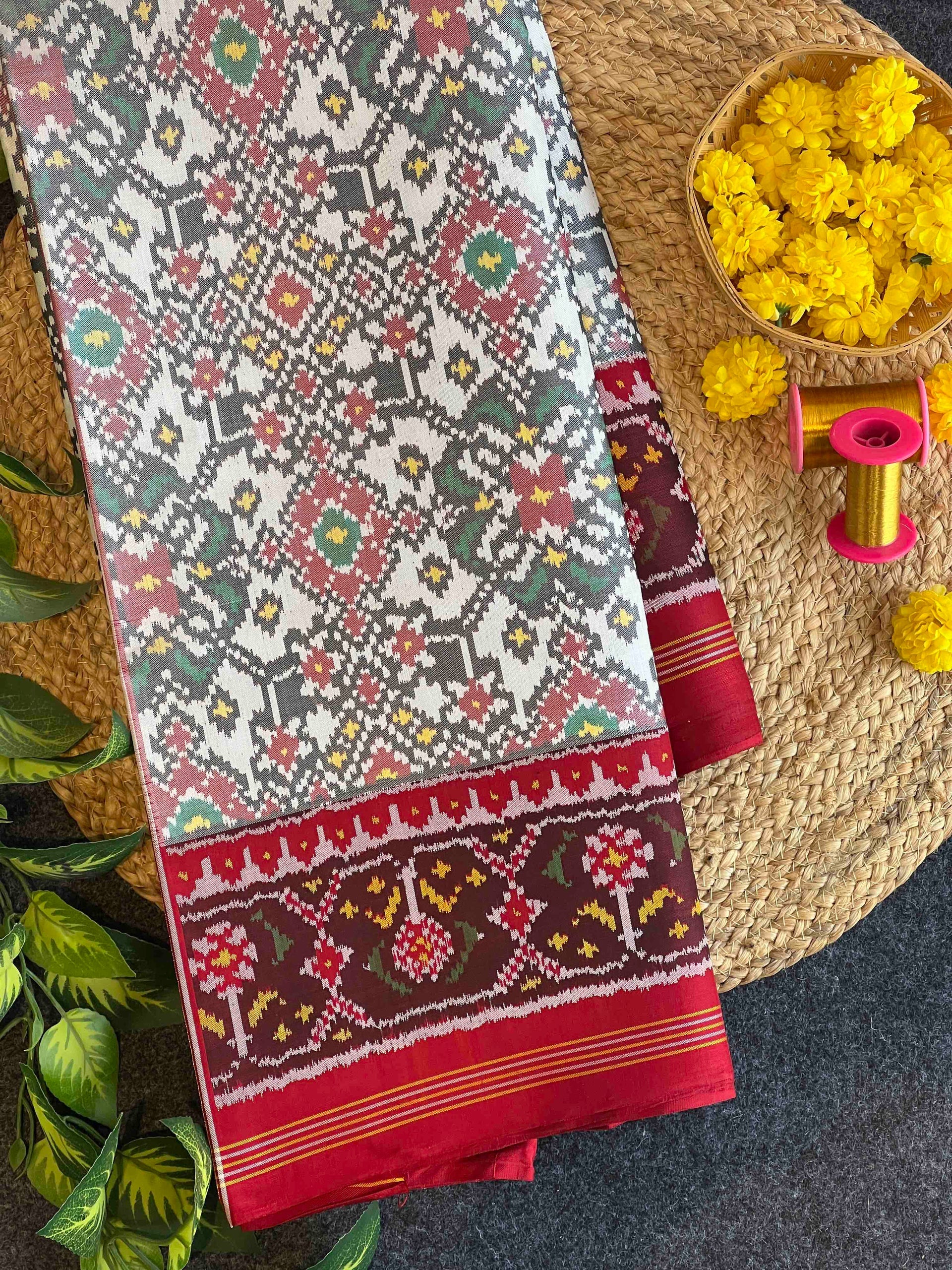 White Navratna Traditional Design Handwoven Patola Silk Saree