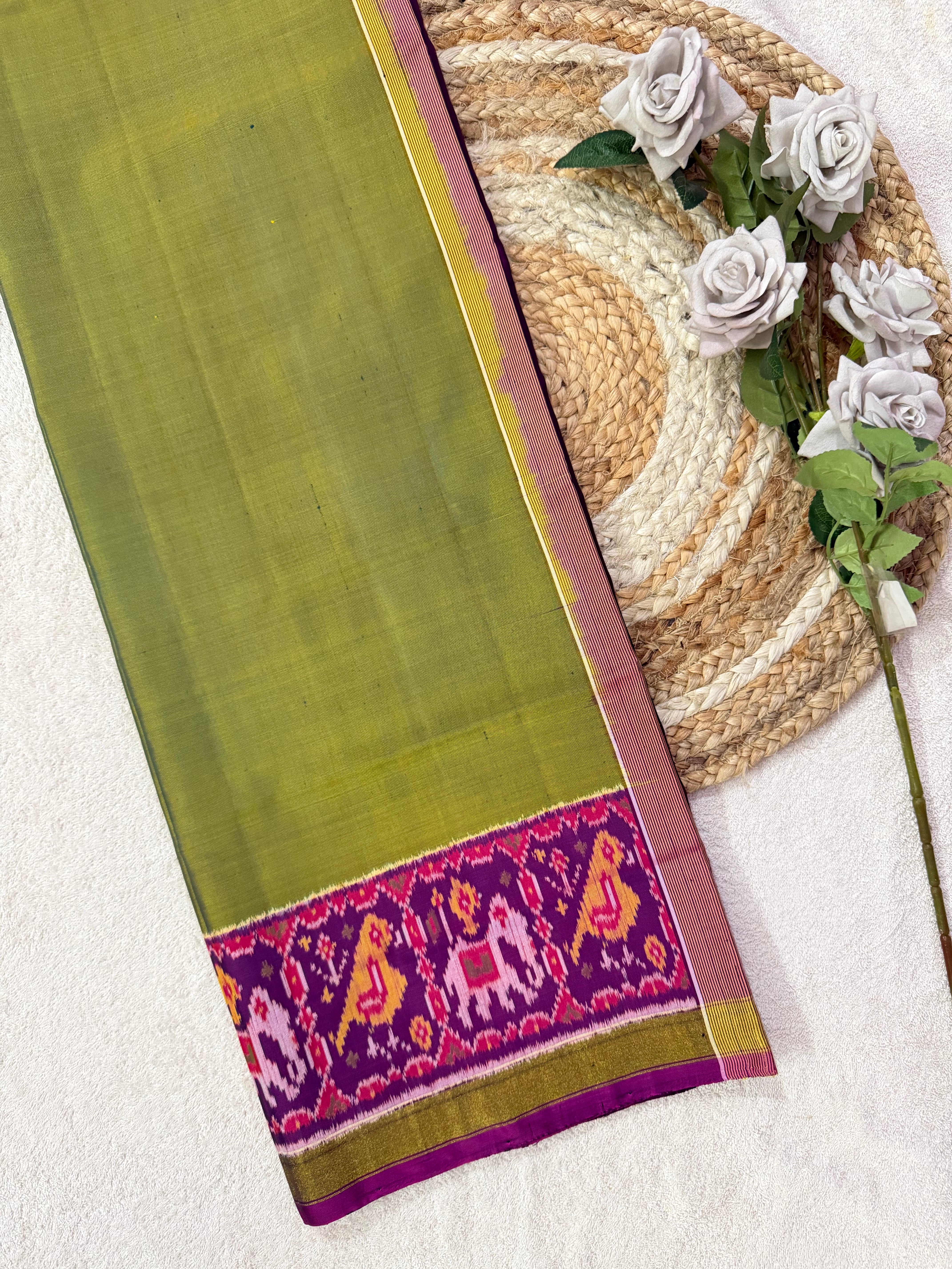 Parrot Green With Wine Gala Border Handwoven Patola Silk Saree Main image