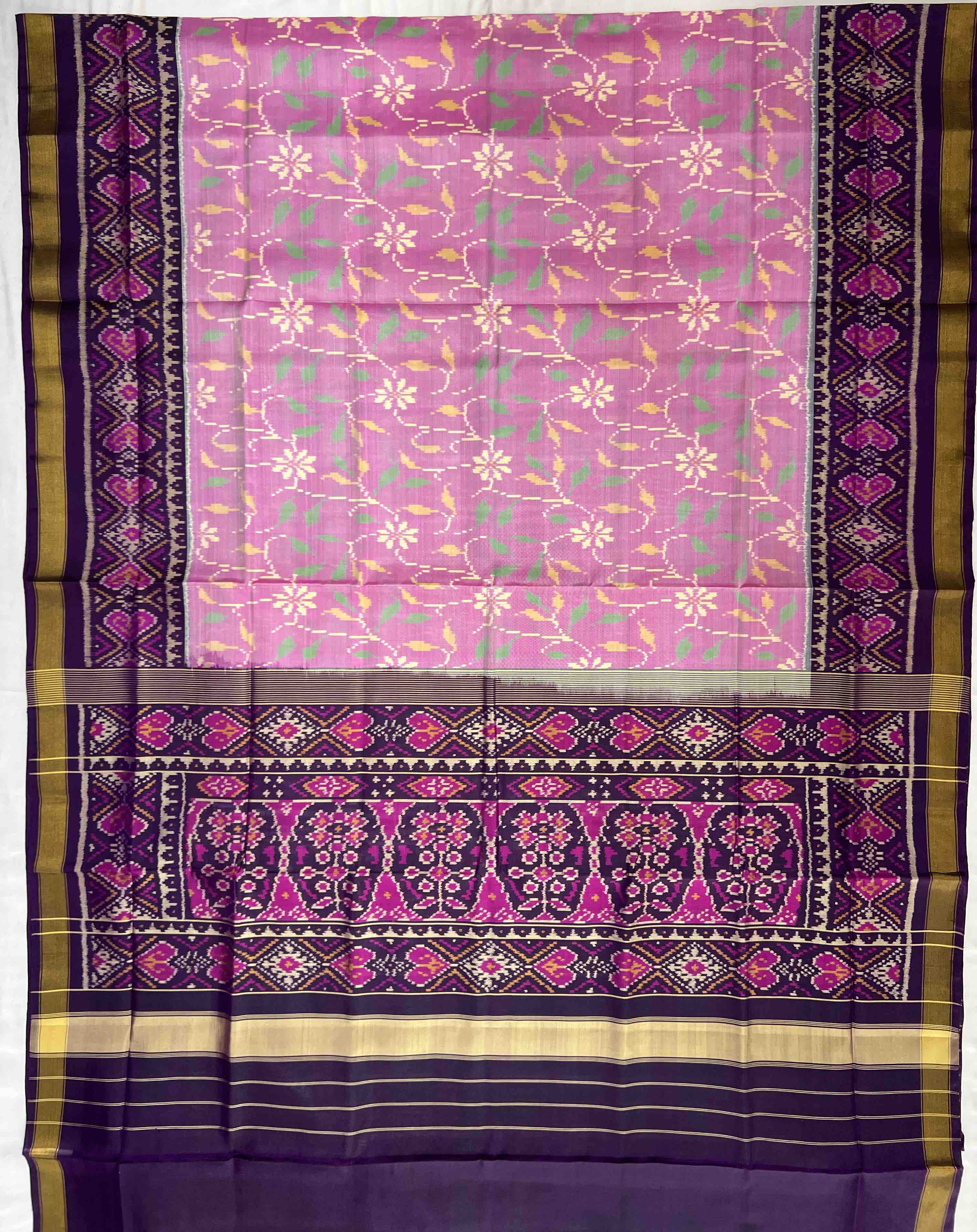 Baby-pink and purple Fancy Design Handwoven Patola Silk Saree