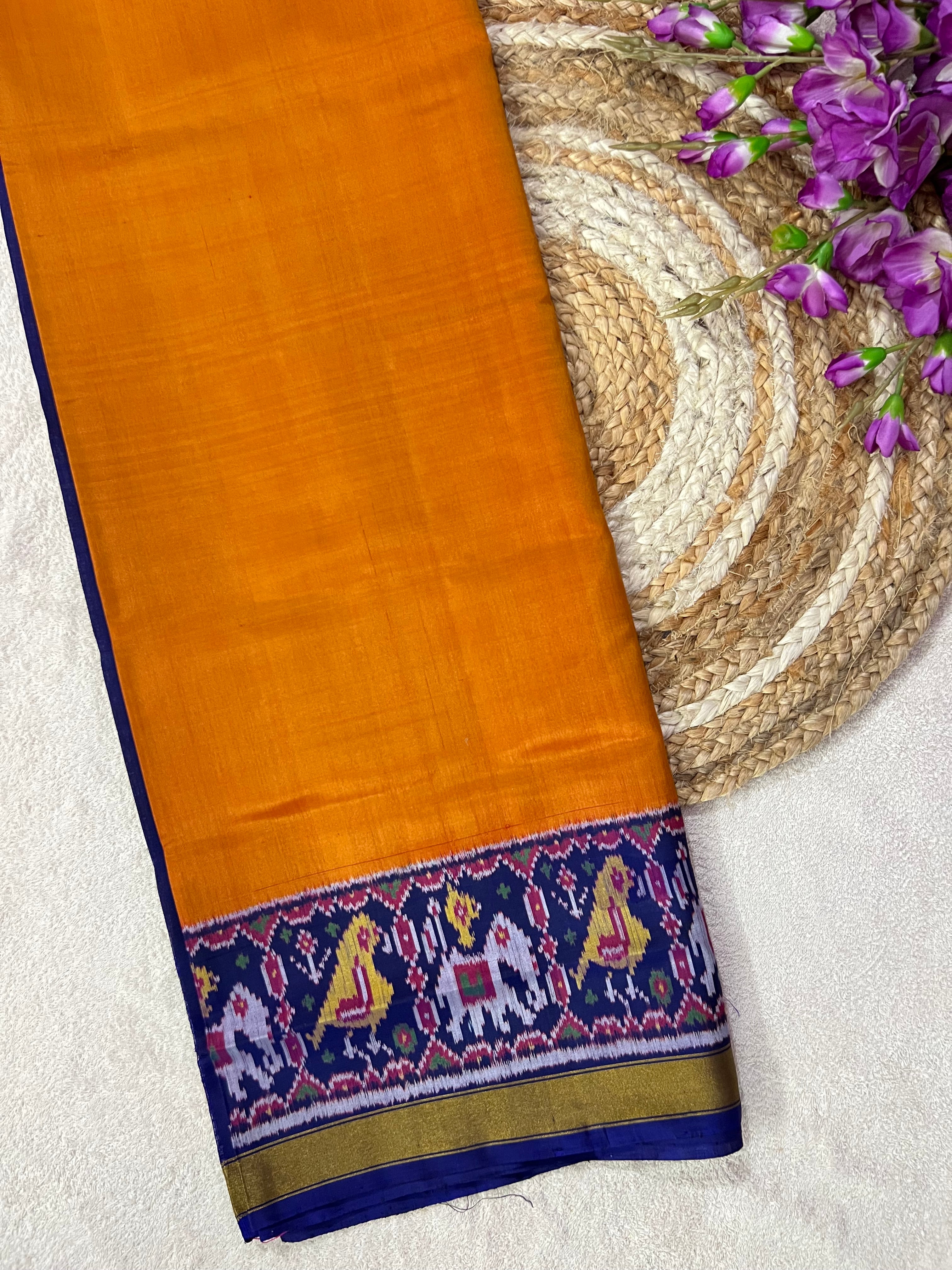 Mustard With Blue Gala Border Handwoven Patola Silk Saree Main image