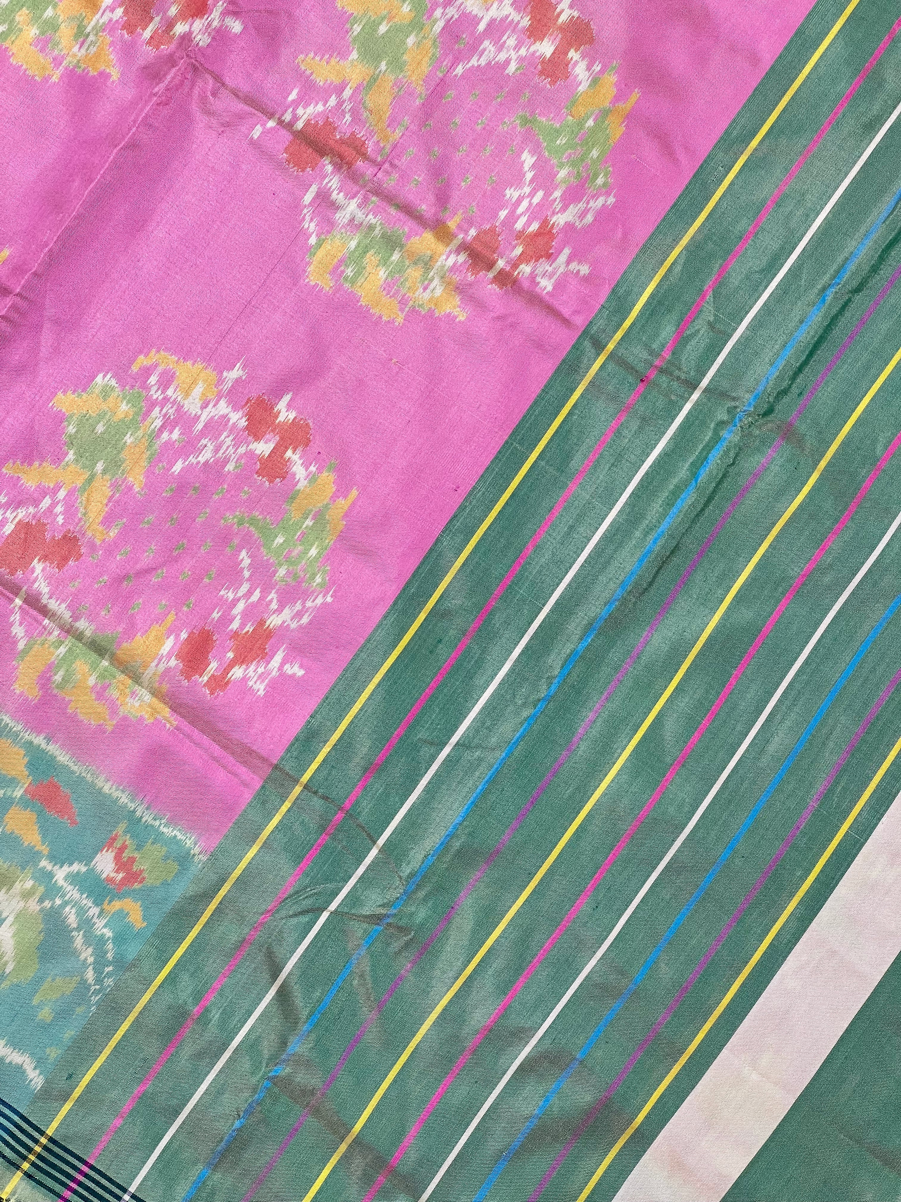 Pastel Pink-Green Handwoven Patola Silk Saree