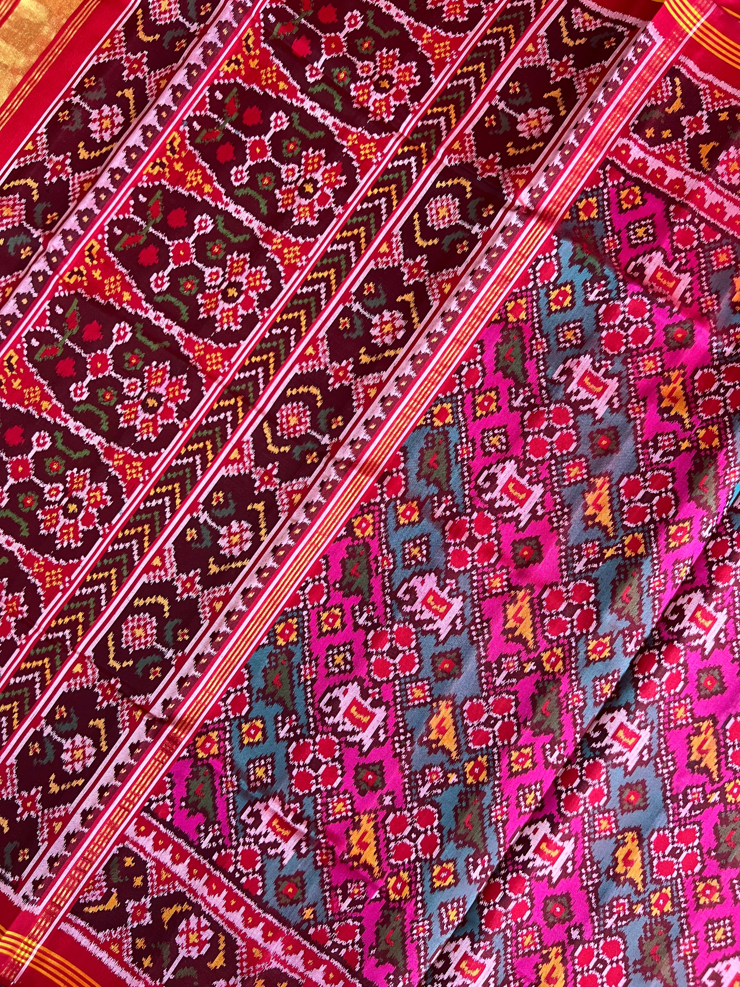 Multicolor Laheriya Design Handwoven Patola Silk Saree Secondary image