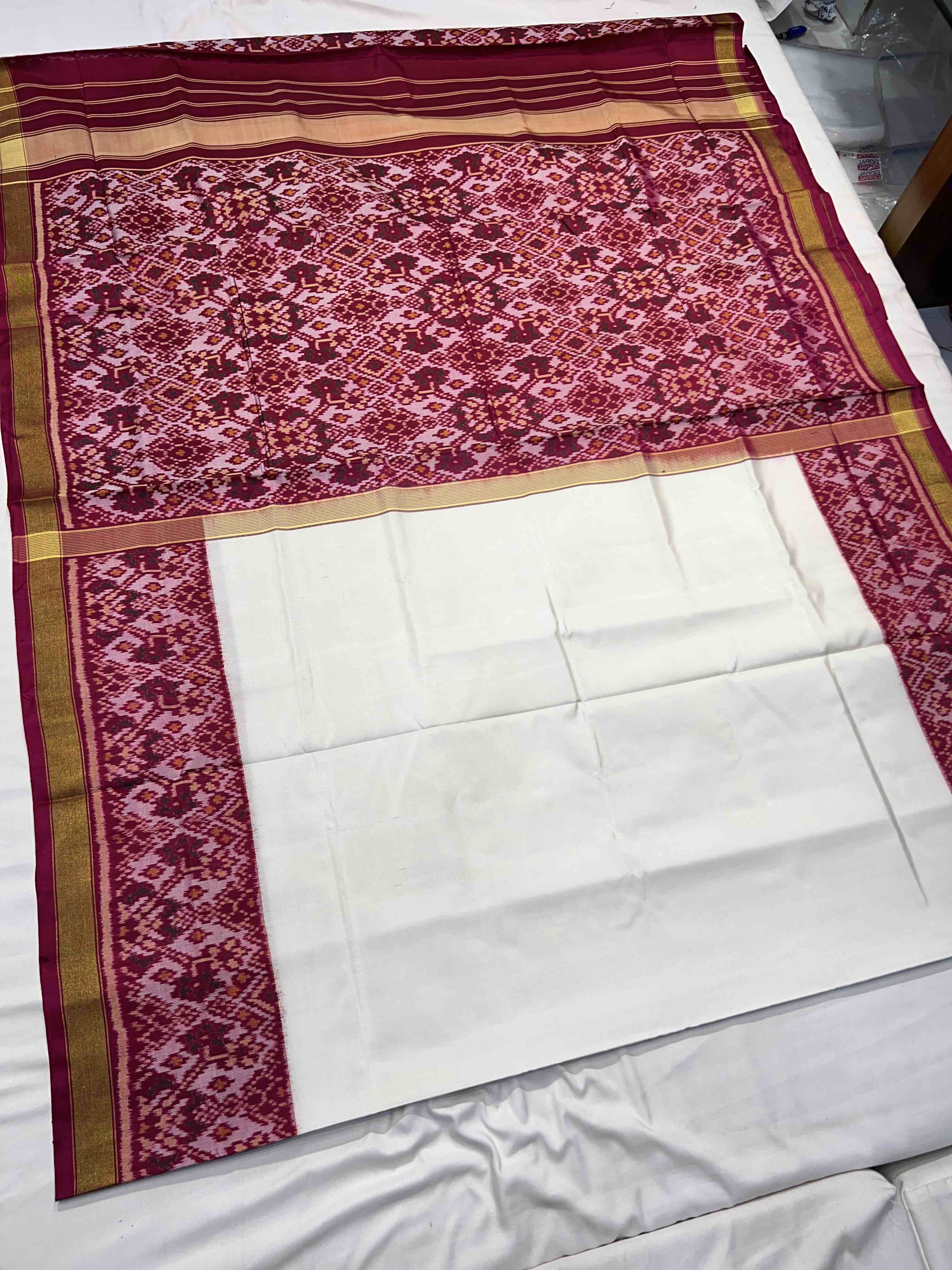 White Plain Gala with Designer Blouse Handwoven Patola Silk Saree