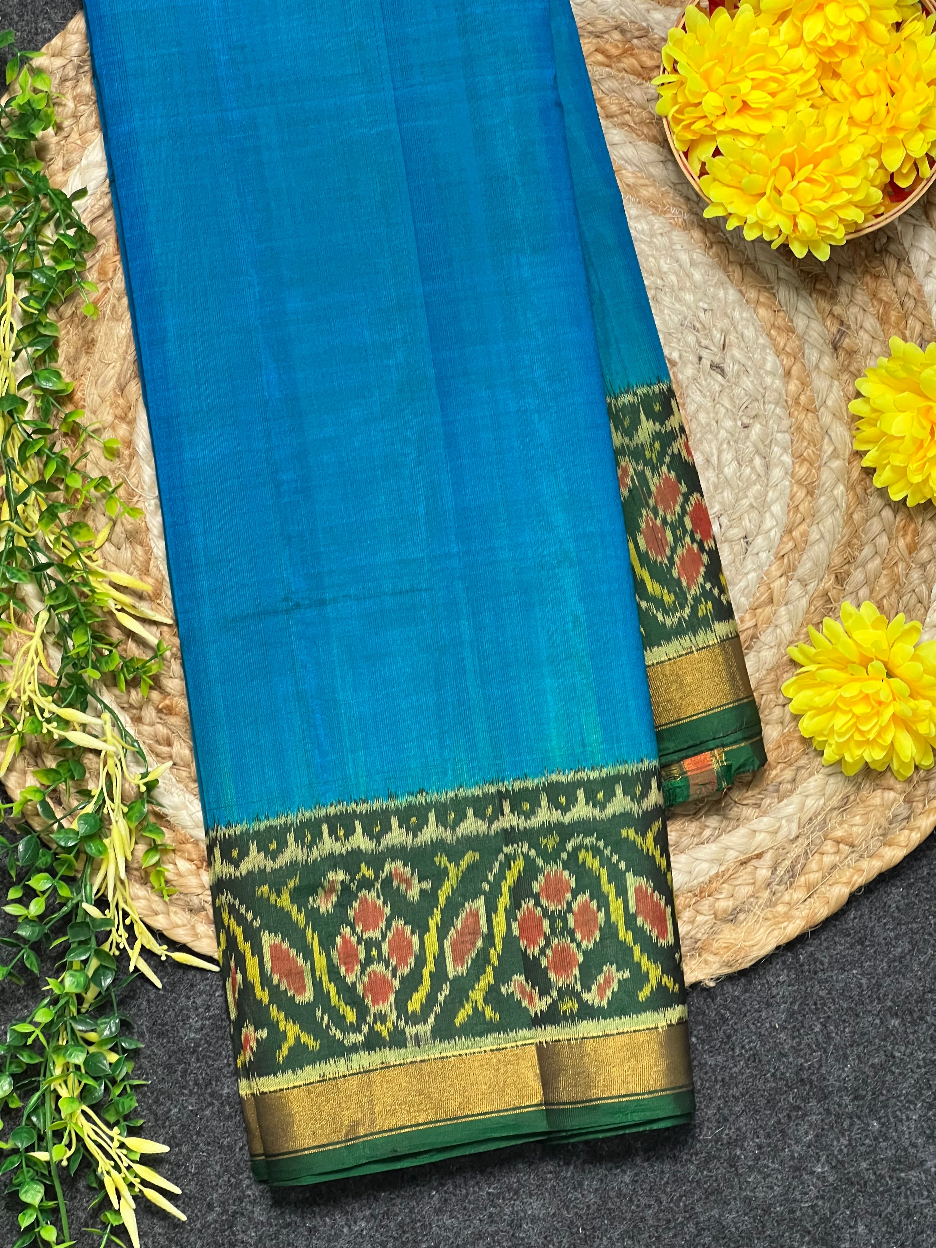 Blue-Green Plain Gala Border Handwoven Patola Silk Saree Main image