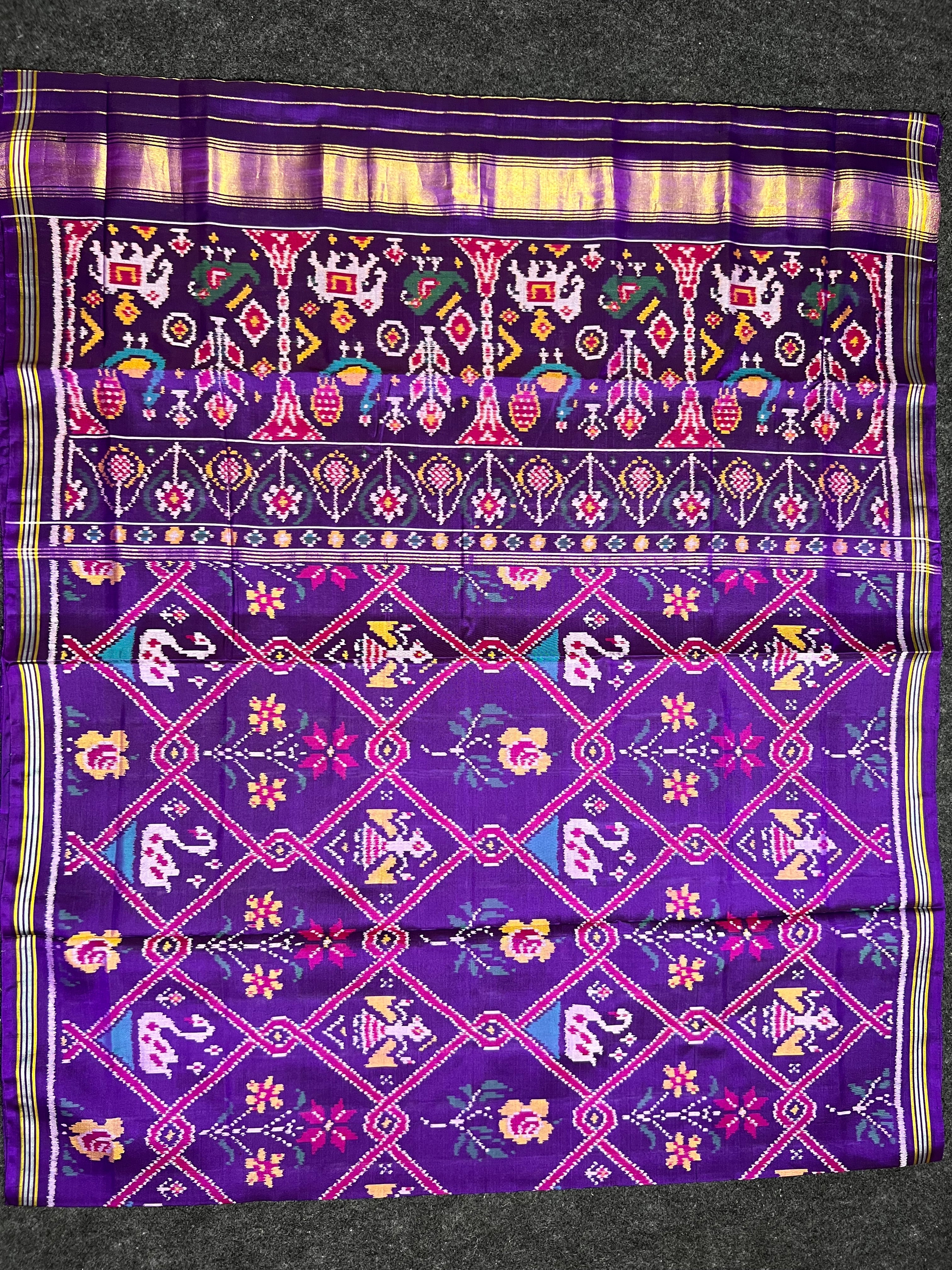 Purple Motifs With Flower Design Handwoven Patola Silk Saree
