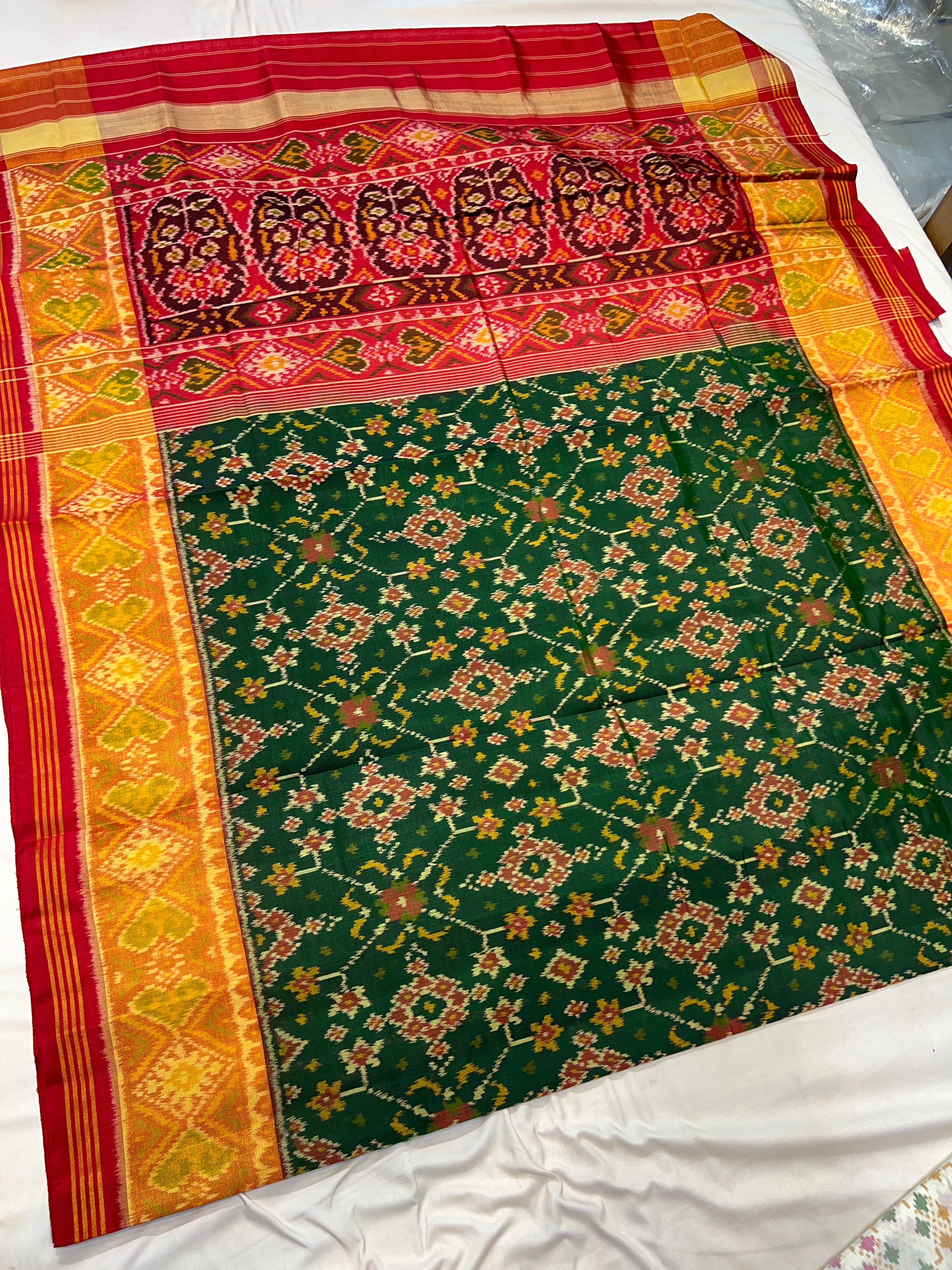 Handwoven Patola Silk Saree Green Navratna Design