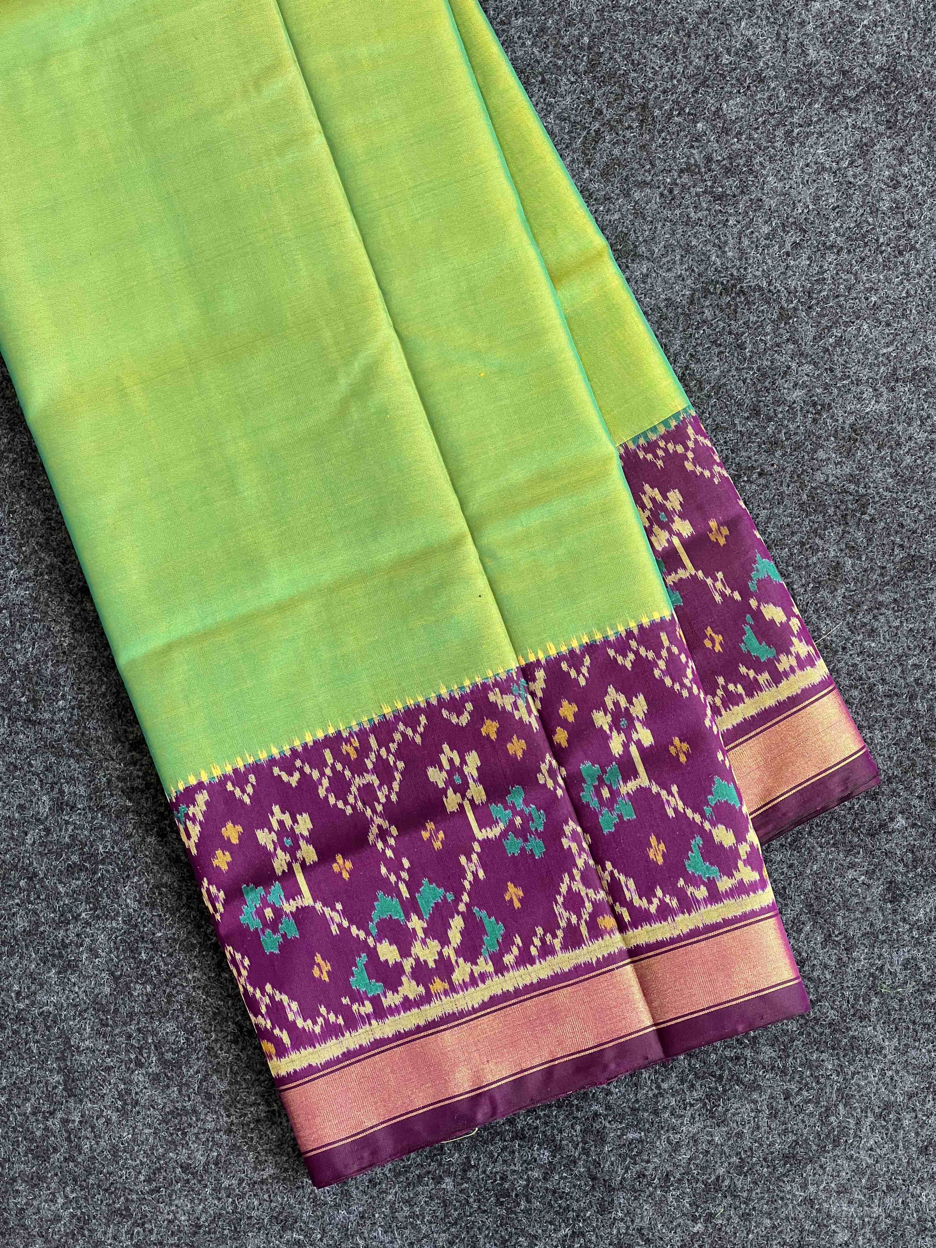 Handwoven Patola Silk Saree Plain Gala Border Green Body Main image