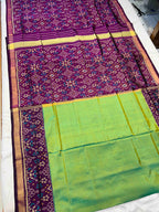 Handwoven Patola Silk Saree Plain Gala Border Green Body